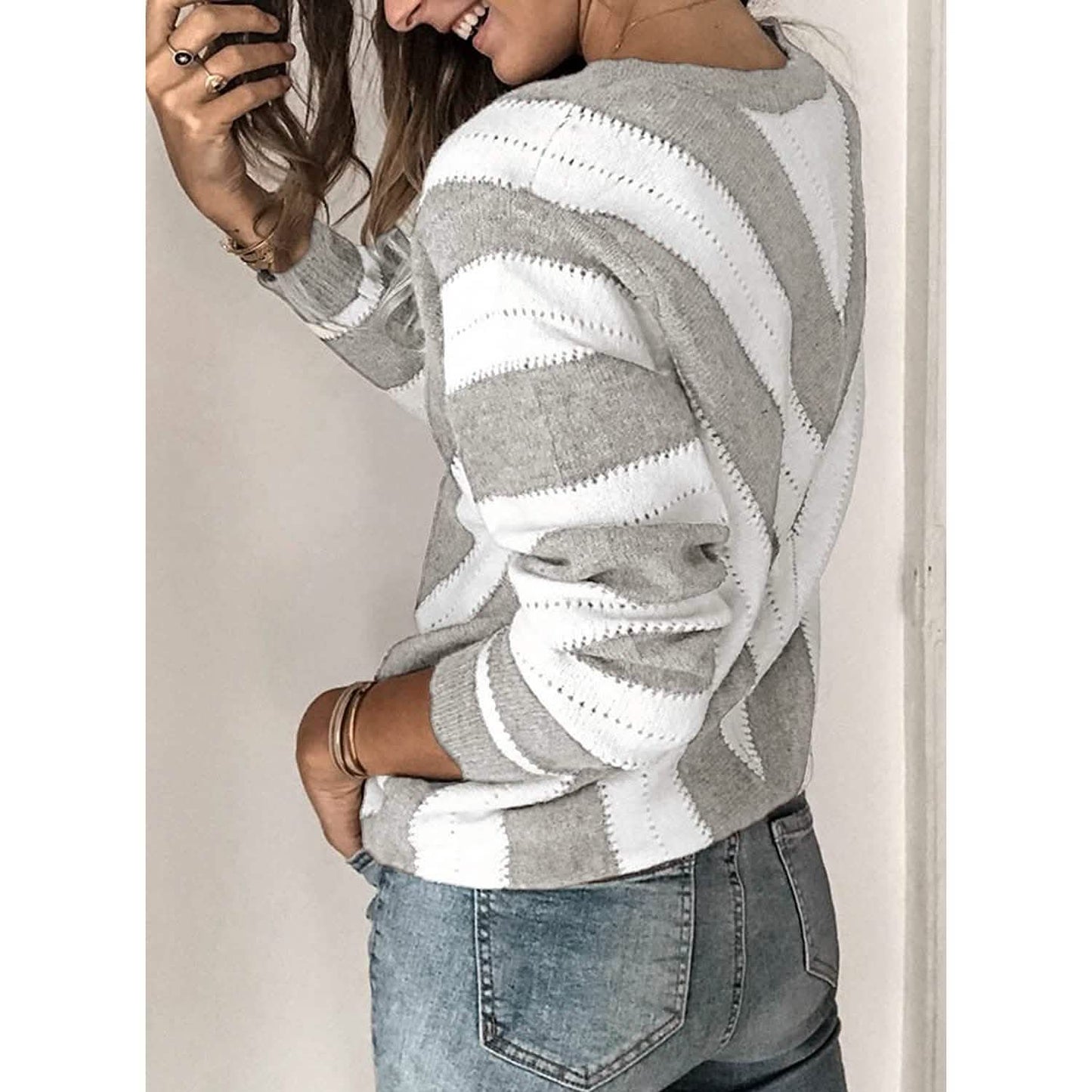 Farbblock-gestreifter V-Ausschnitt-Pullover für Damen, Langarm-Strickpullover