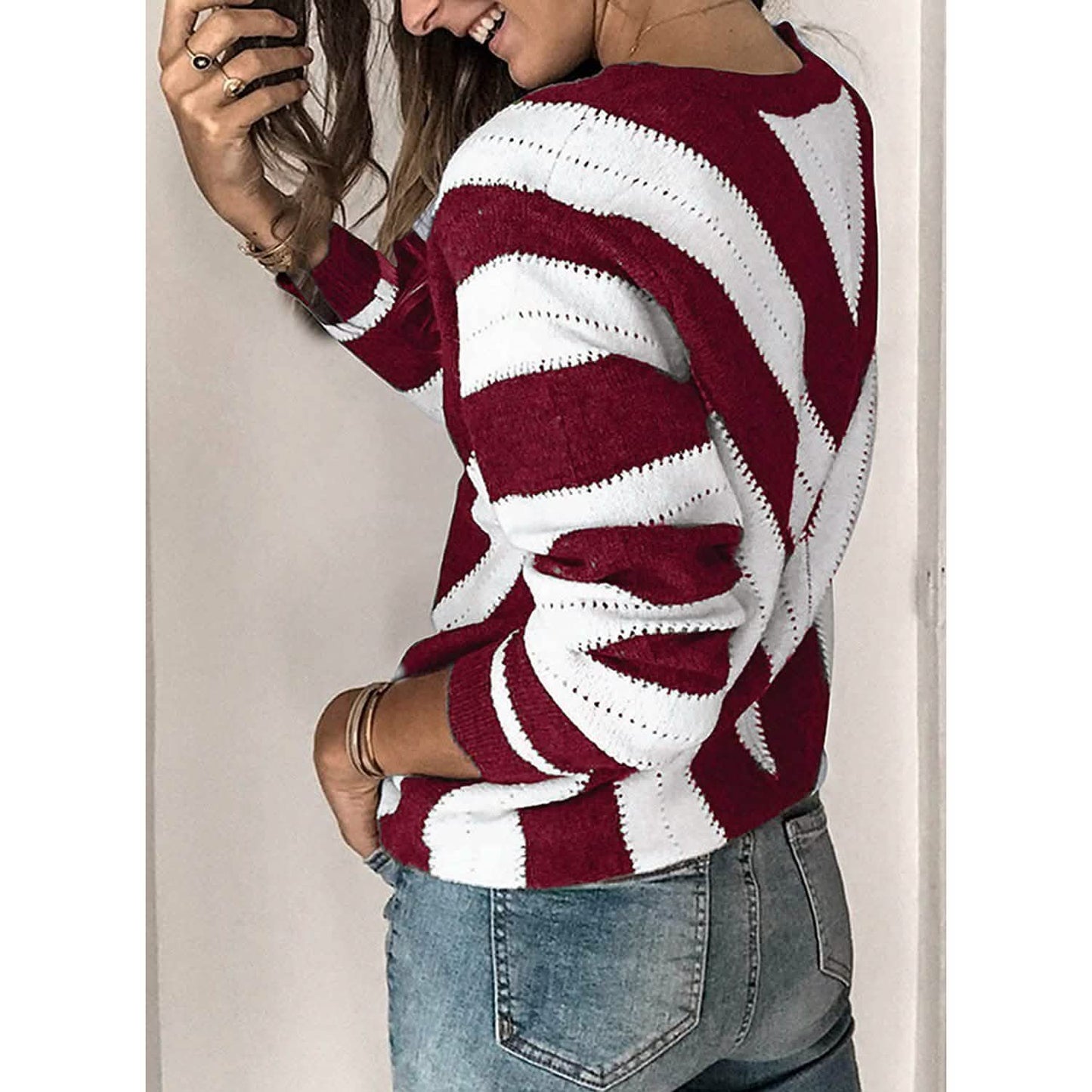 Farbblock-gestreifter V-Ausschnitt-Pullover für Damen, Langarm-Strickpullover