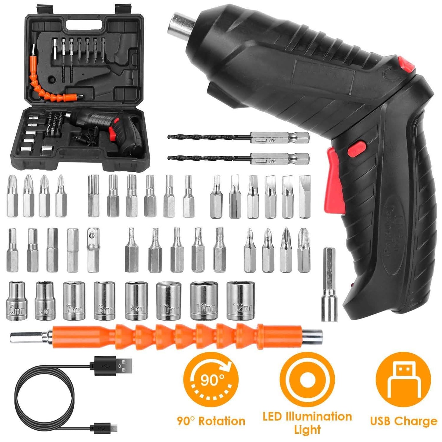 Akku-Elektroschrauber-Set mit LED-Arbeitsleuchte, USB wiederaufladbar