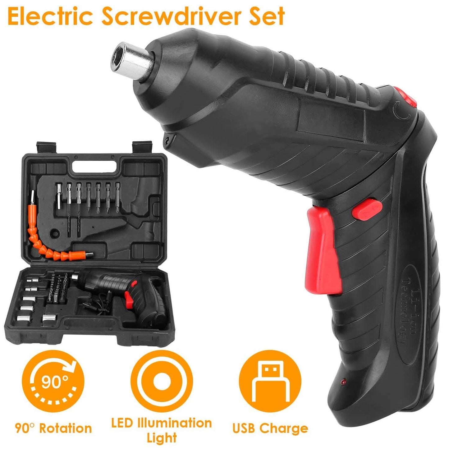 Akku-Elektroschrauber-Set mit LED-Arbeitsleuchte, USB wiederaufladbar