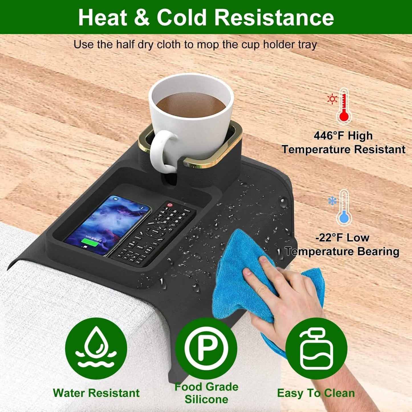 Couch Arm Tassenhalter Tablett Anti-Rutsch Anti-Spill Silikon Armlehne Fernbedienung Snack Organizer