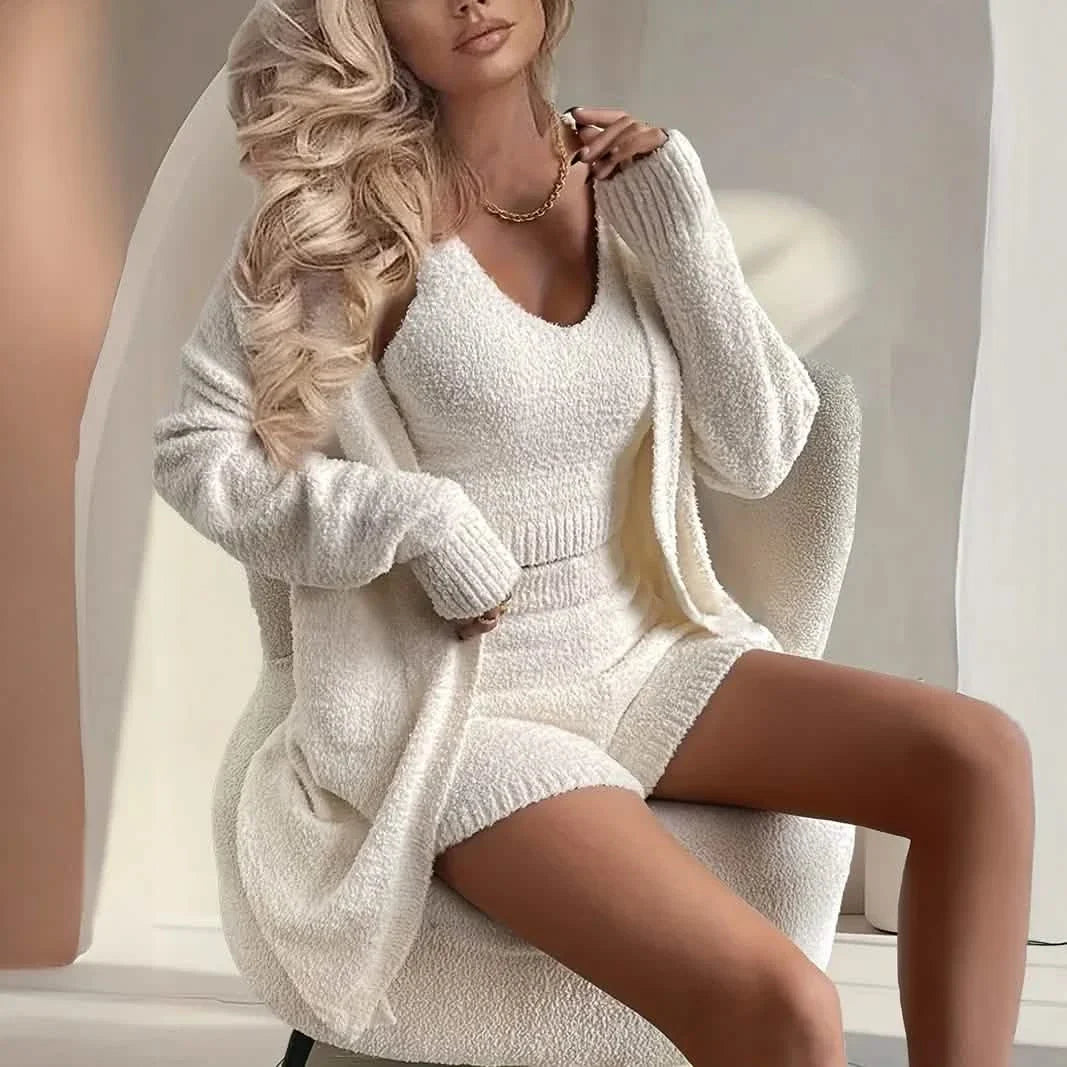 Gemütliches Fleece-Lounge-Set für Damen mit langärmligem Cardigan, V-Ausschnitt-Tanktop und Shorts