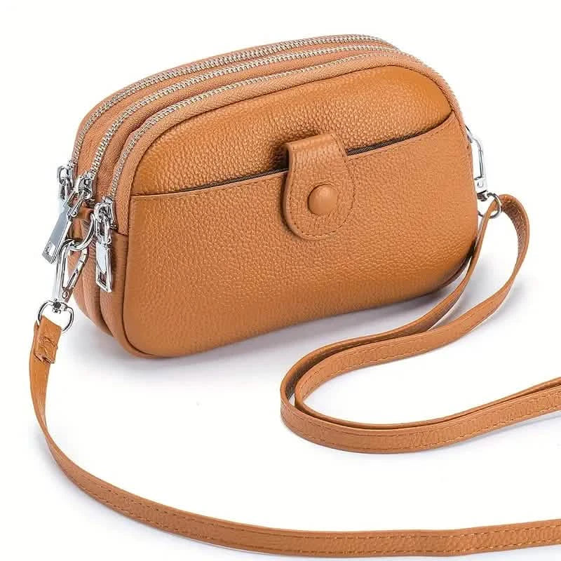 Umhängetaschen für Damen Kleine Schultertasche aus echtem Leder Umhängetasche mit dreifachem Reißverschluss oben, verstellbarem Riemen