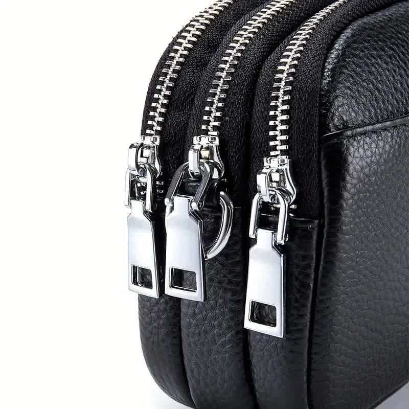 Umhängetaschen für Damen Kleine Schultertasche aus echtem Leder Umhängetasche mit dreifachem Reißverschluss oben, verstellbarem Riemen