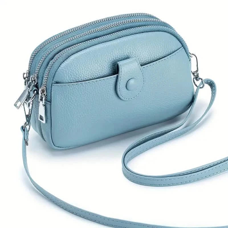 Umhängetaschen für Damen Kleine Schultertasche aus echtem Leder Umhängetasche mit dreifachem Reißverschluss oben, verstellbarem Riemen