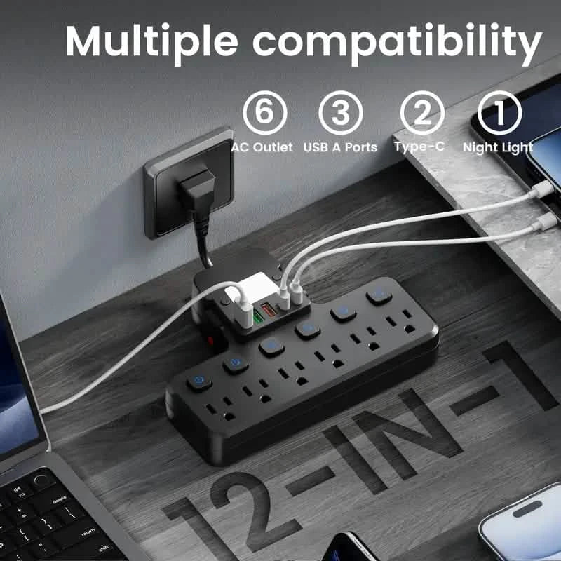 12-in-1 Verstellbare Schreibtischlampe mit Steckdosenleiste – 6 AC-Anschlüsse, 3 USB-A- und 2 Typ-C-Anschlüsse, Überspannungsschutz