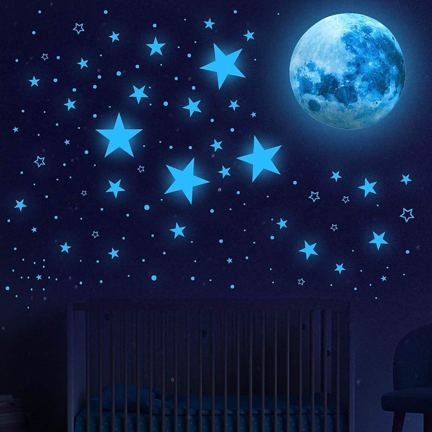 Dunkel leuchtende Sterne und Mond Wandaufkleber
