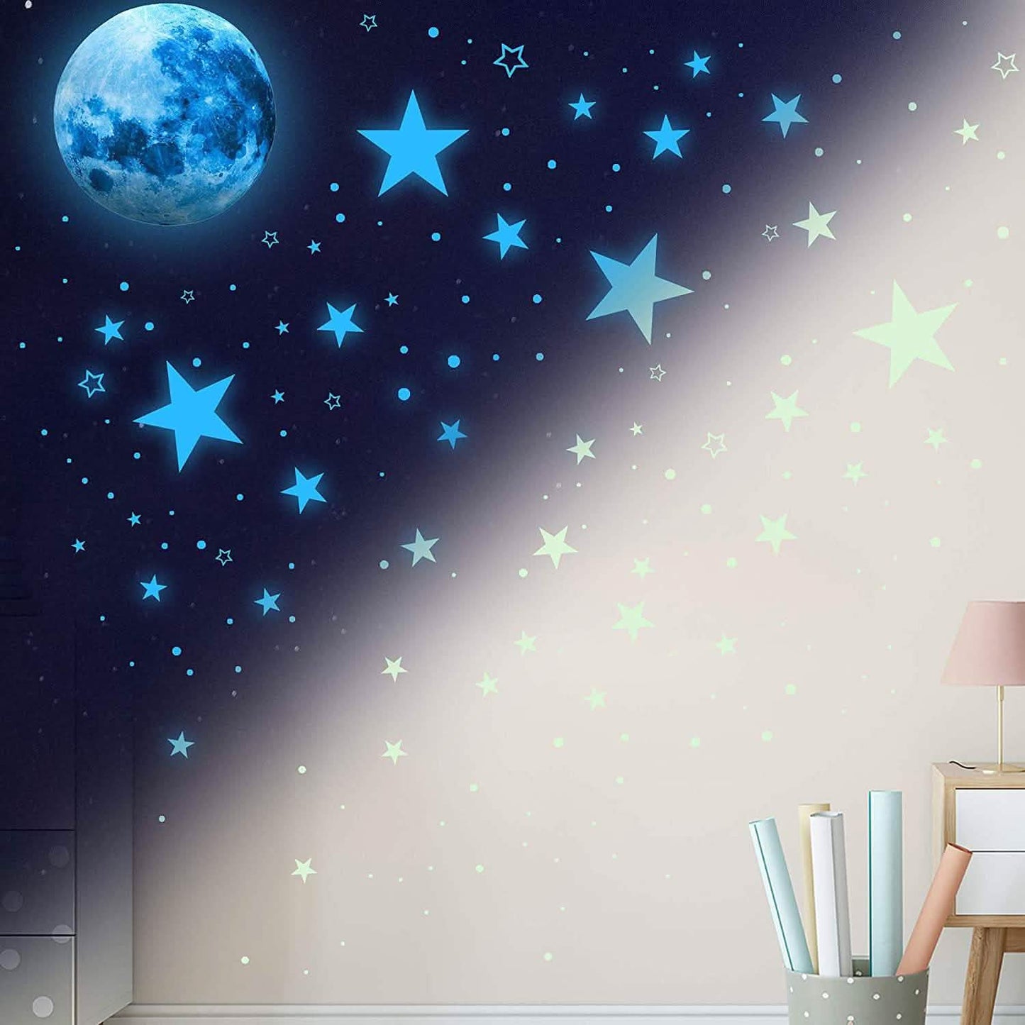 Dunkel leuchtende Sterne und Mond Wandaufkleber