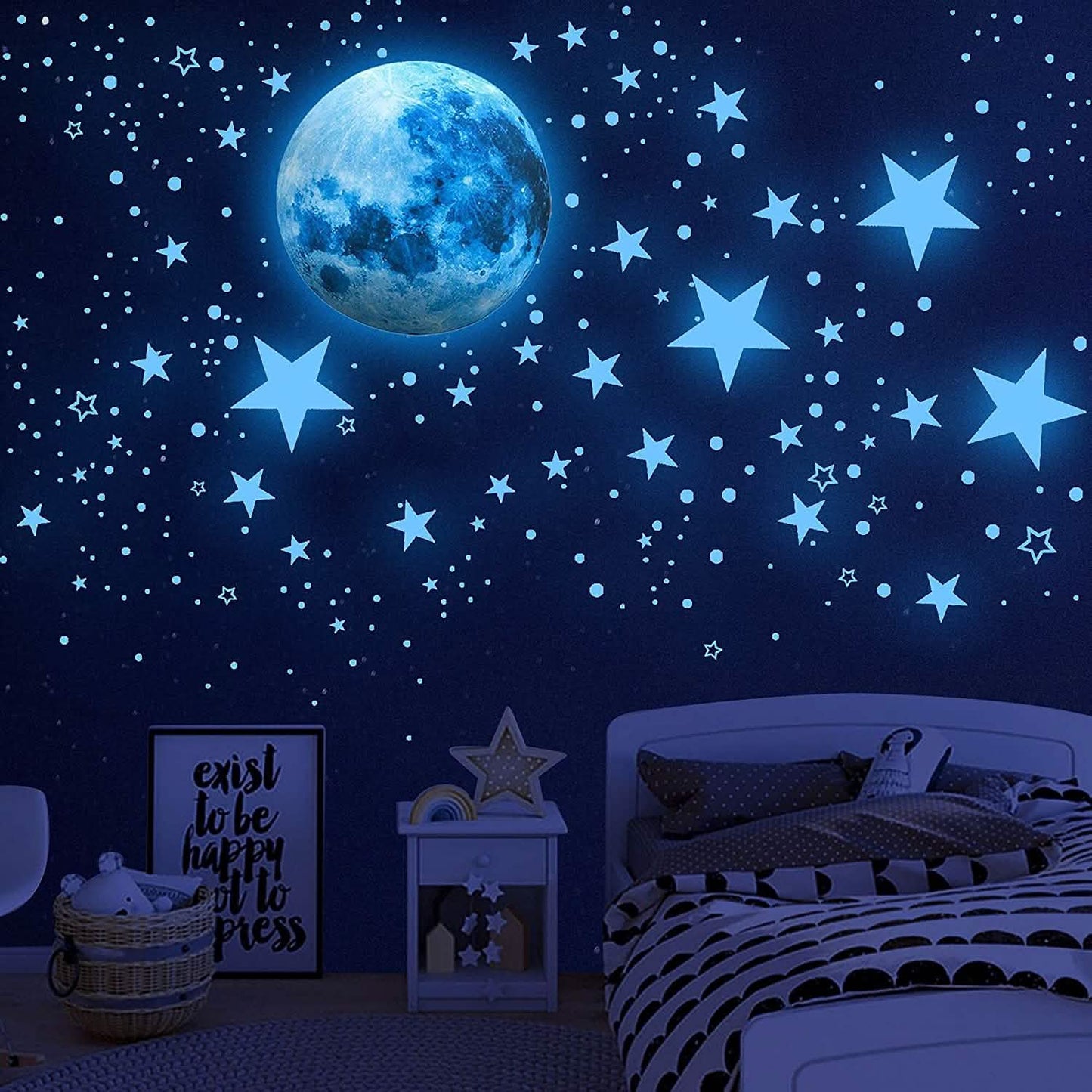 Dunkel leuchtende Sterne und Mond Wandaufkleber