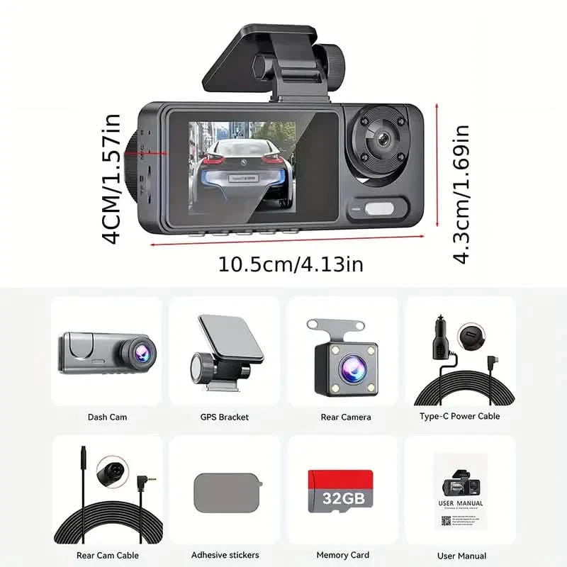 1080P Triple Dashcam Vorne, Innen und Hinten mit 32GB Karte, Nachtsicht, HDR & Mehr