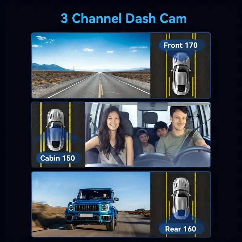 1080P Triple Dashcam Vorne, Innen und Hinten mit 32GB Karte, Nachtsicht, HDR & Mehr