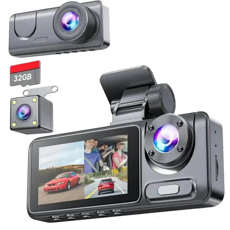 1080P Triple Dashcam Vorne, Innen und Hinten mit 32GB Karte, Nachtsicht, HDR & Mehr
