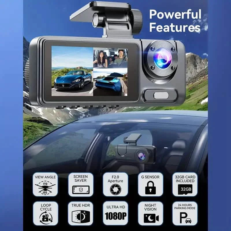 1080P Triple Dashcam Vorne, Innen und Hinten mit 32GB Karte, Nachtsicht, HDR & Mehr