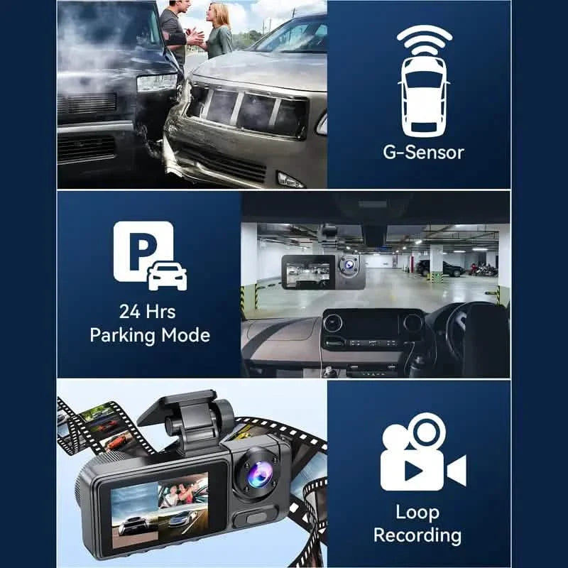 1080P Triple Dashcam Vorne, Innen und Hinten mit 32GB Karte, Nachtsicht, HDR & Mehr