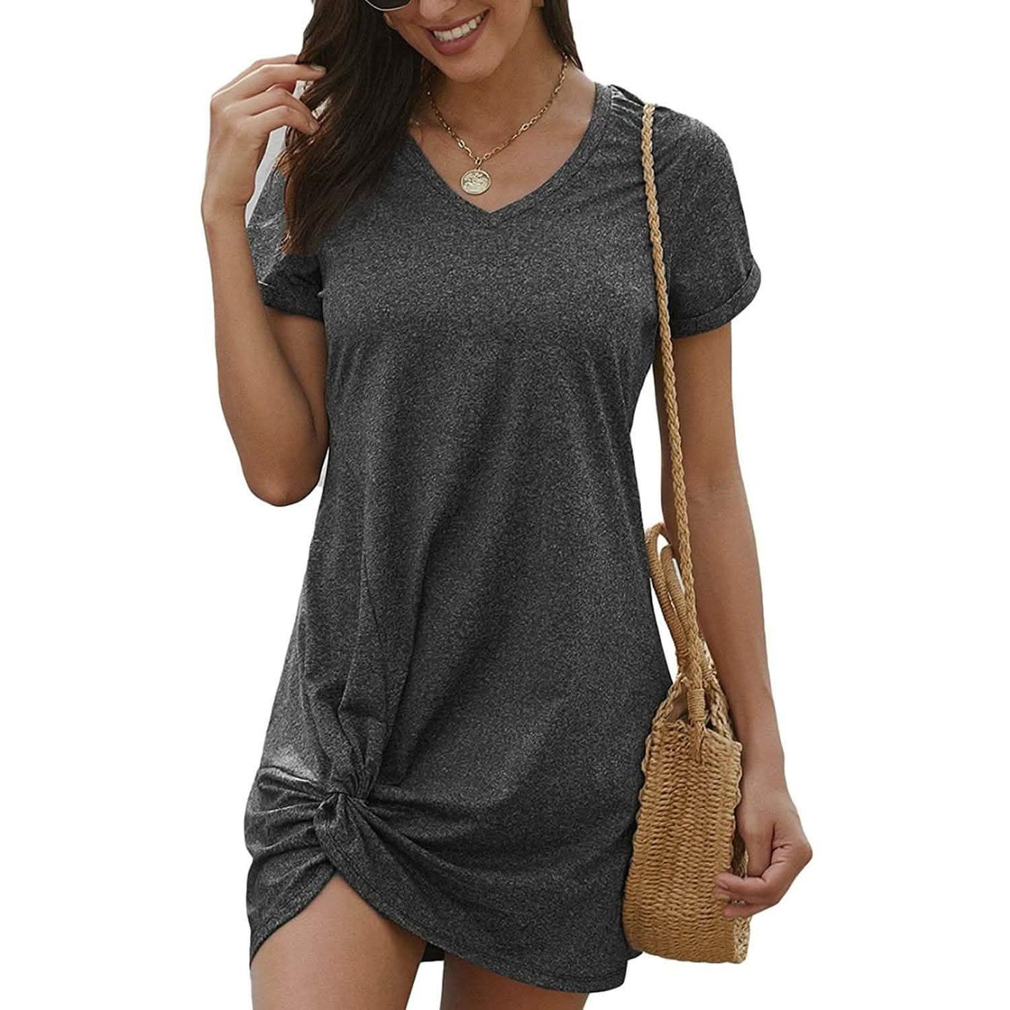 Dearlovers Damen T-Shirt-Kleid mit kurzen Ärmeln und seitlichem Knoten