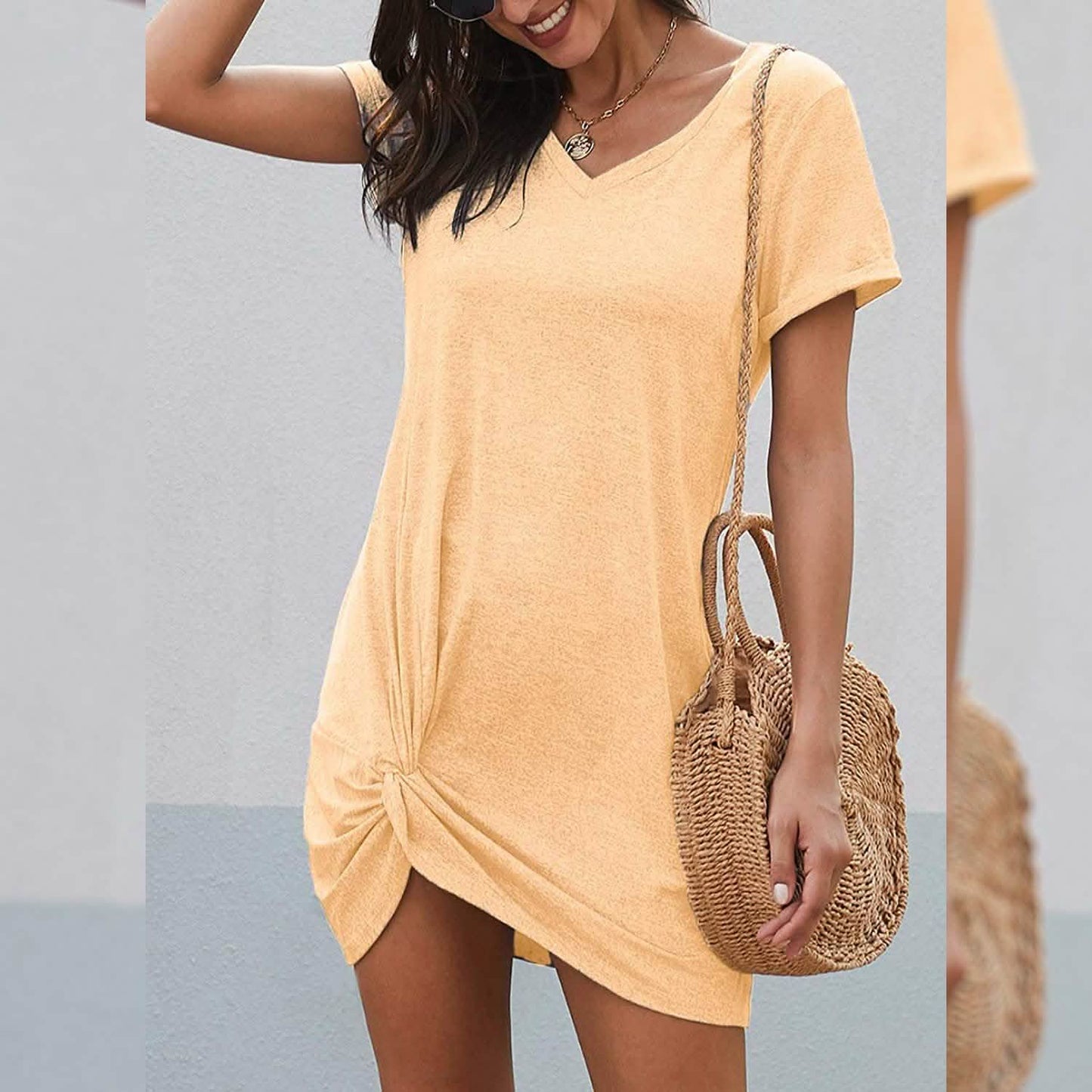 Dearlovers Damen T-Shirt-Kleid mit kurzen Ärmeln und seitlichem Knoten