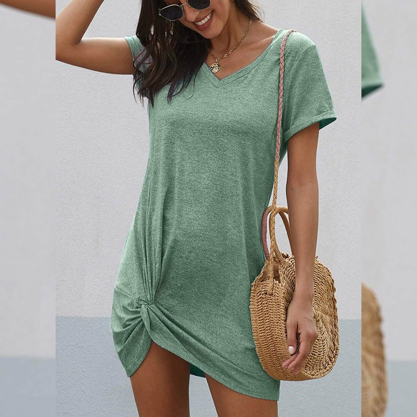 Dearlovers Damen T-Shirt-Kleid mit kurzen Ärmeln und seitlichem Knoten