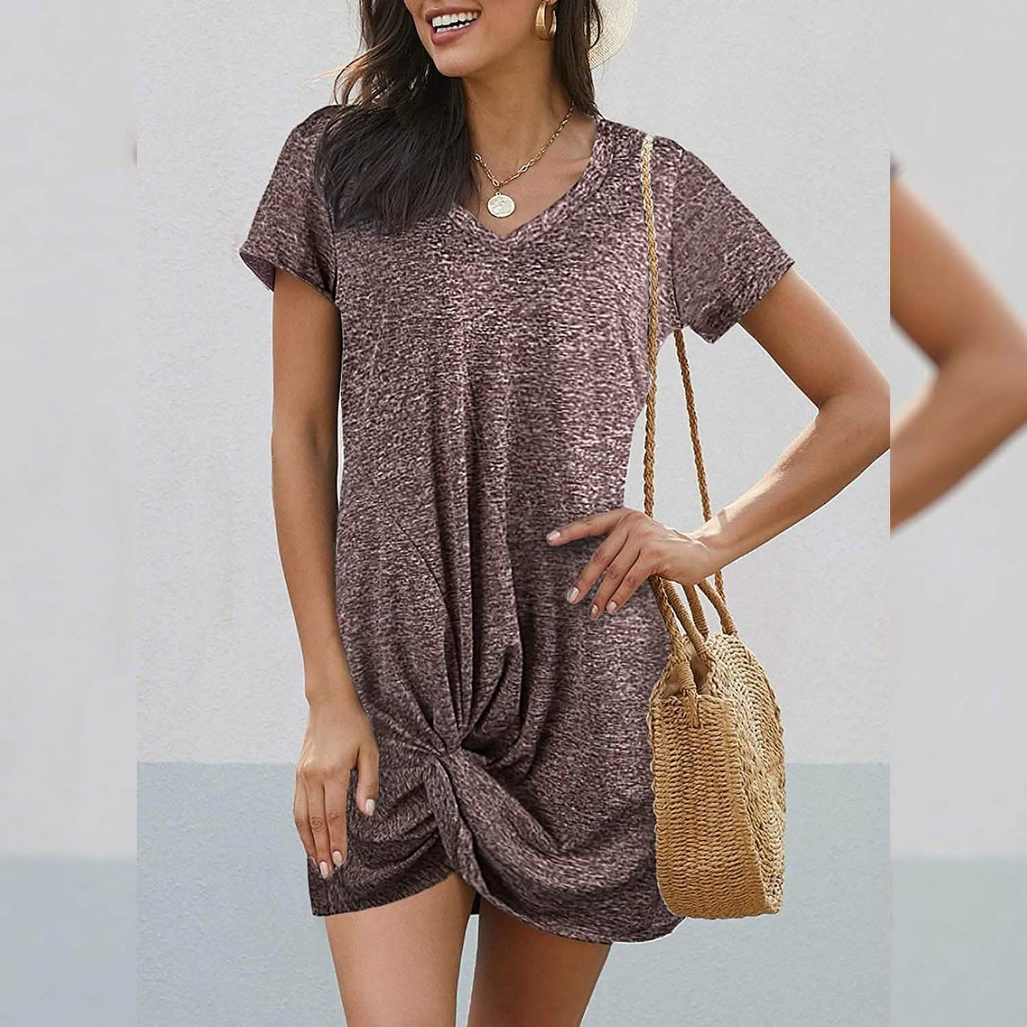 Dearlovers Damen T-Shirt-Kleid mit kurzen Ärmeln und seitlichem Knoten