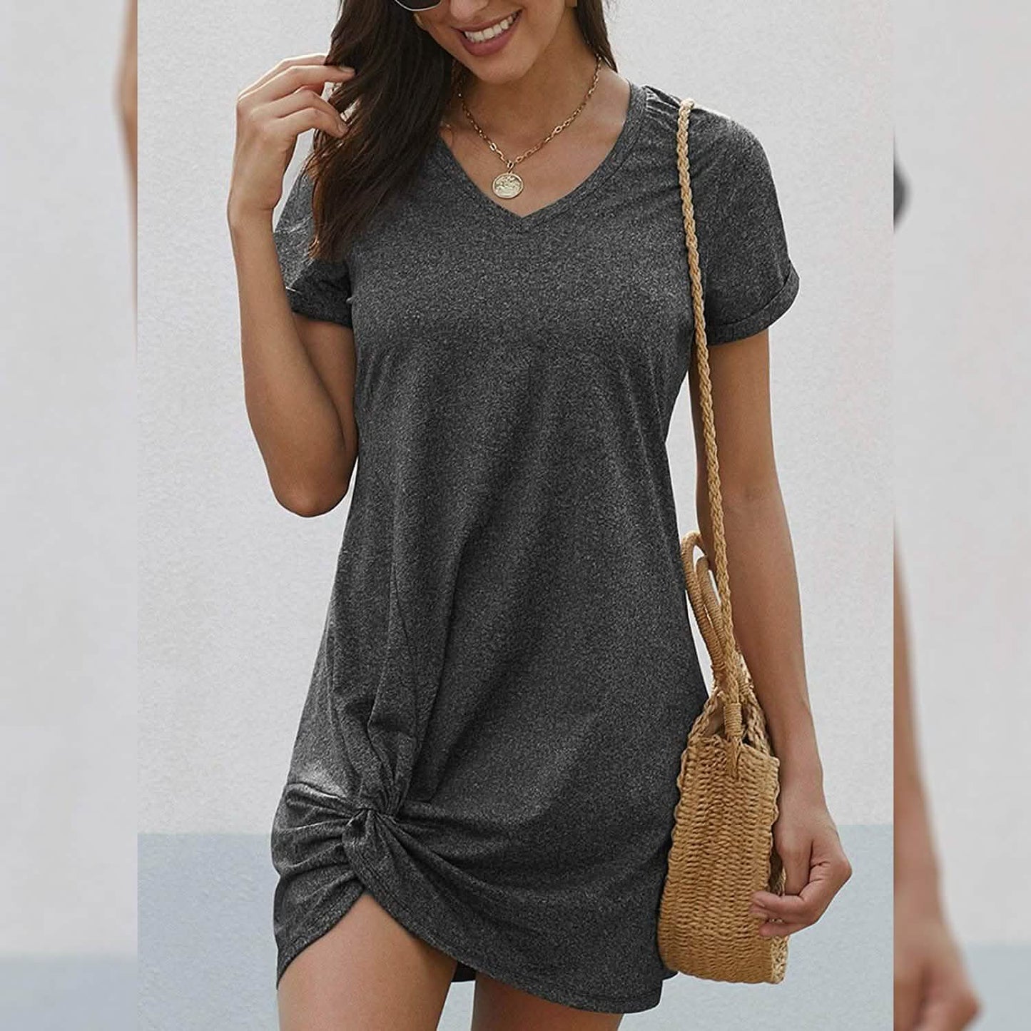 Dearlovers Damen T-Shirt-Kleid mit kurzen Ärmeln und seitlichem Knoten