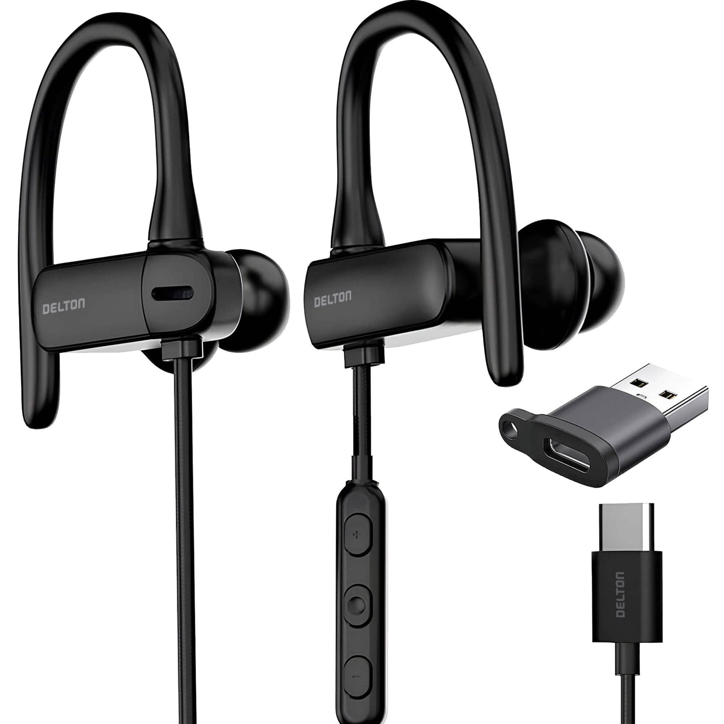 Delton 24ECA kabelgebundene USB-C- und USB-A-Kopfhörer mit Mikrofon, ergonomisches In-Ear-Design mit Ohrhaken