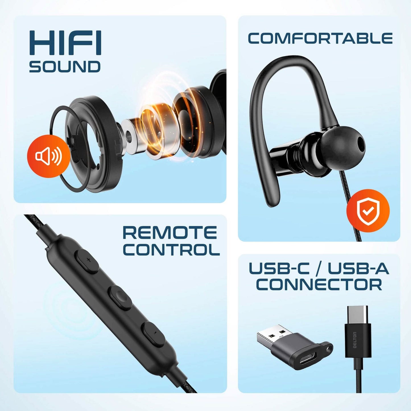 Delton 24ECA kabelgebundene USB-C- und USB-A-Kopfhörer mit Mikrofon, ergonomisches In-Ear-Design mit Ohrhaken