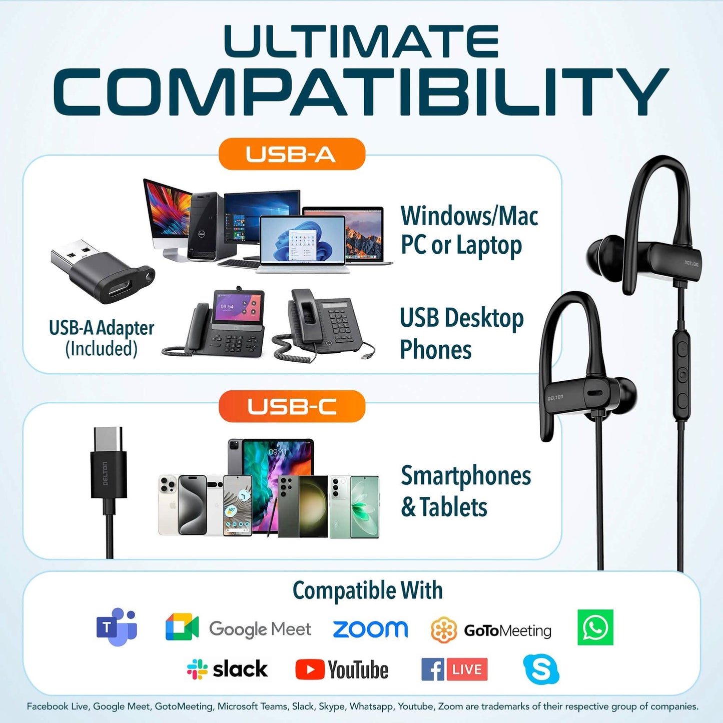 Delton 24ECA kabelgebundene USB-C- und USB-A-Kopfhörer mit Mikrofon, ergonomisches In-Ear-Design mit Ohrhaken