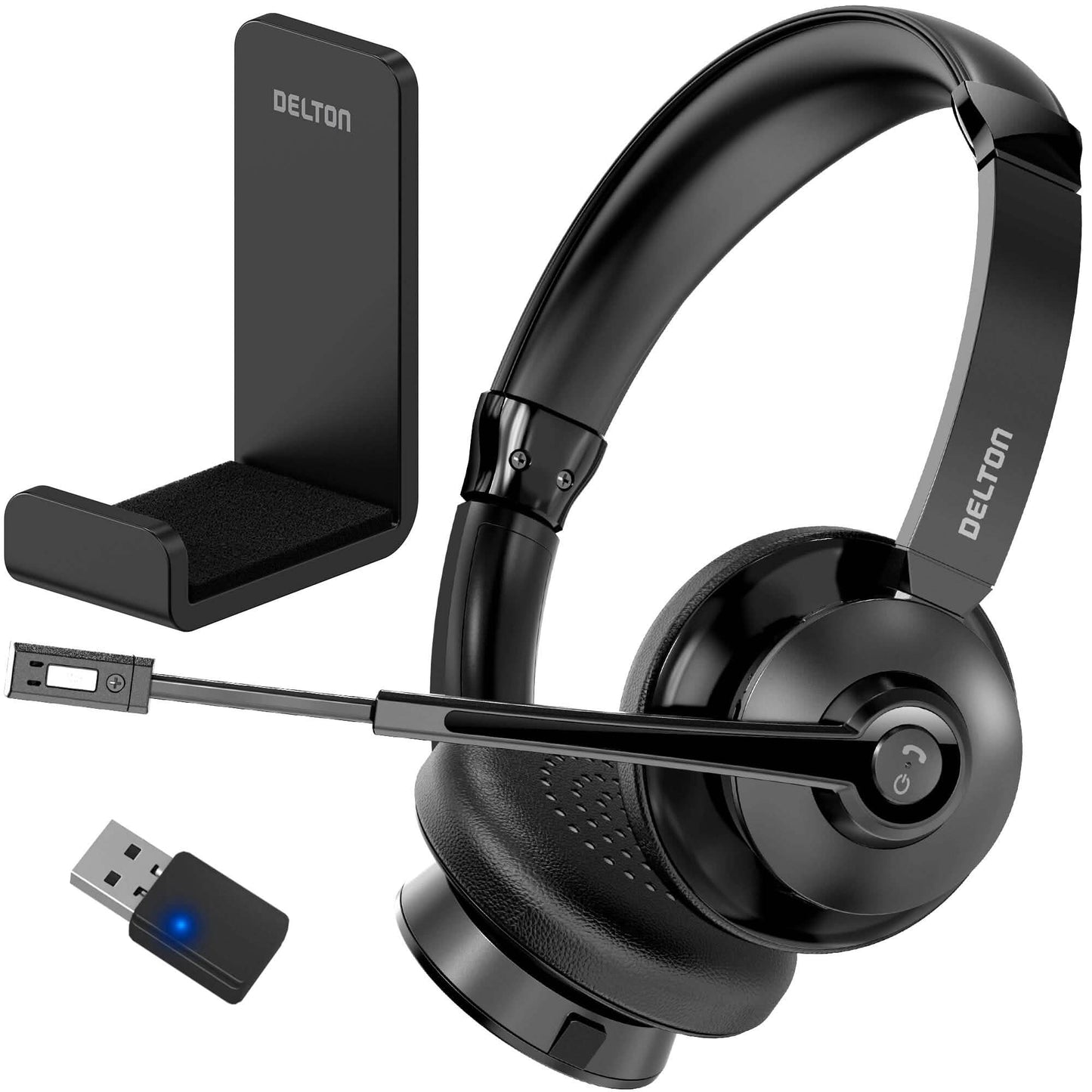 Delton 30X Bluetooth Computer Headset mit Geräuschunterdrückendem Mikrofon, HiFi Stereo Sound, Headset-Ständer & Auto-Pair-USB-Dongle für PC, Laptop, MacBook & Kompatibel mit MS Team, Google Meet und Mehr - Schwarz
