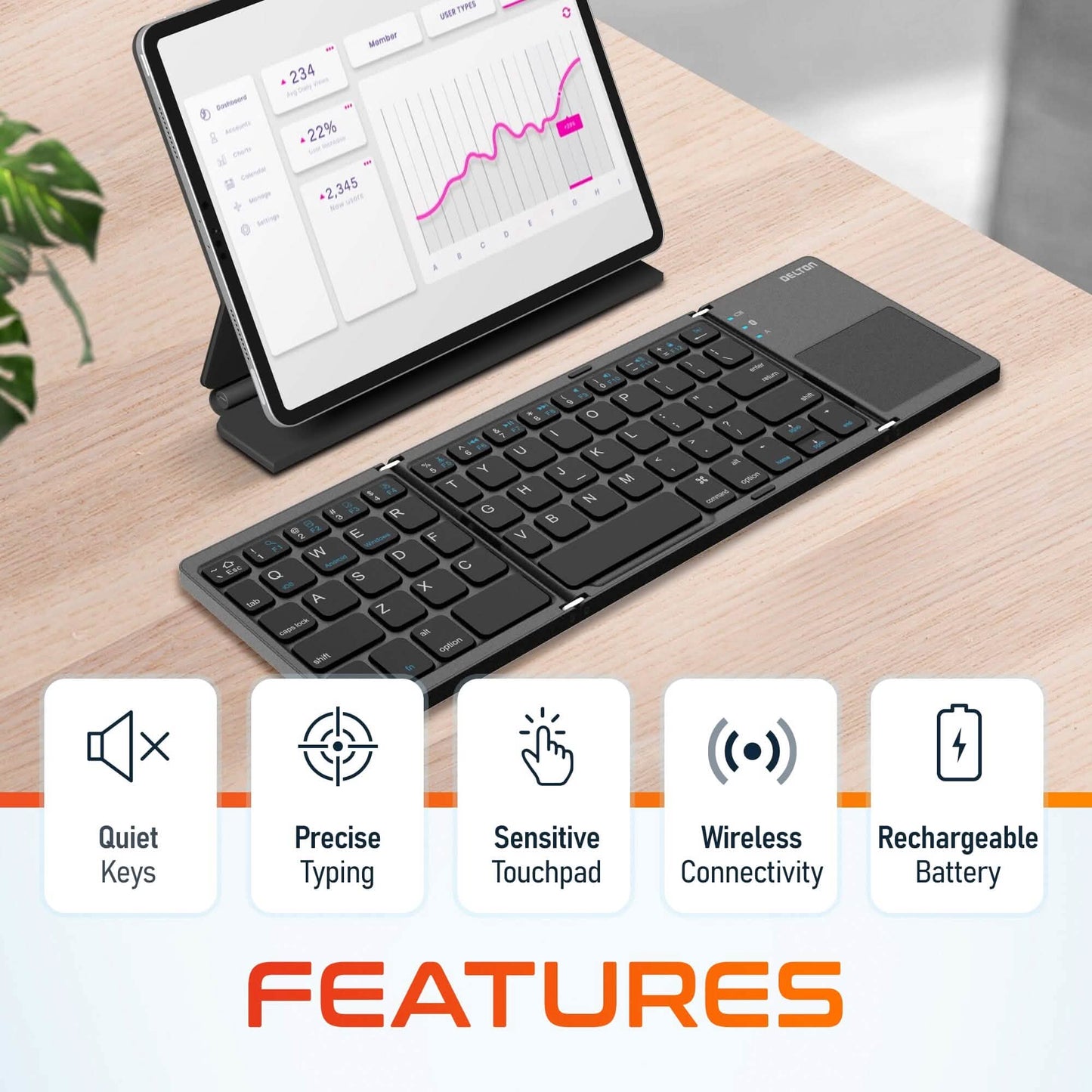 Delton F75 Bluetooth-Tastatur mit sensiblem Touchpad, tragbares und faltbares Design, wiederaufladbare kabellose Tastatur, kompatibel mit PC/Laptop, iMac, Tablets, Smartphones und mehr – Schwarz