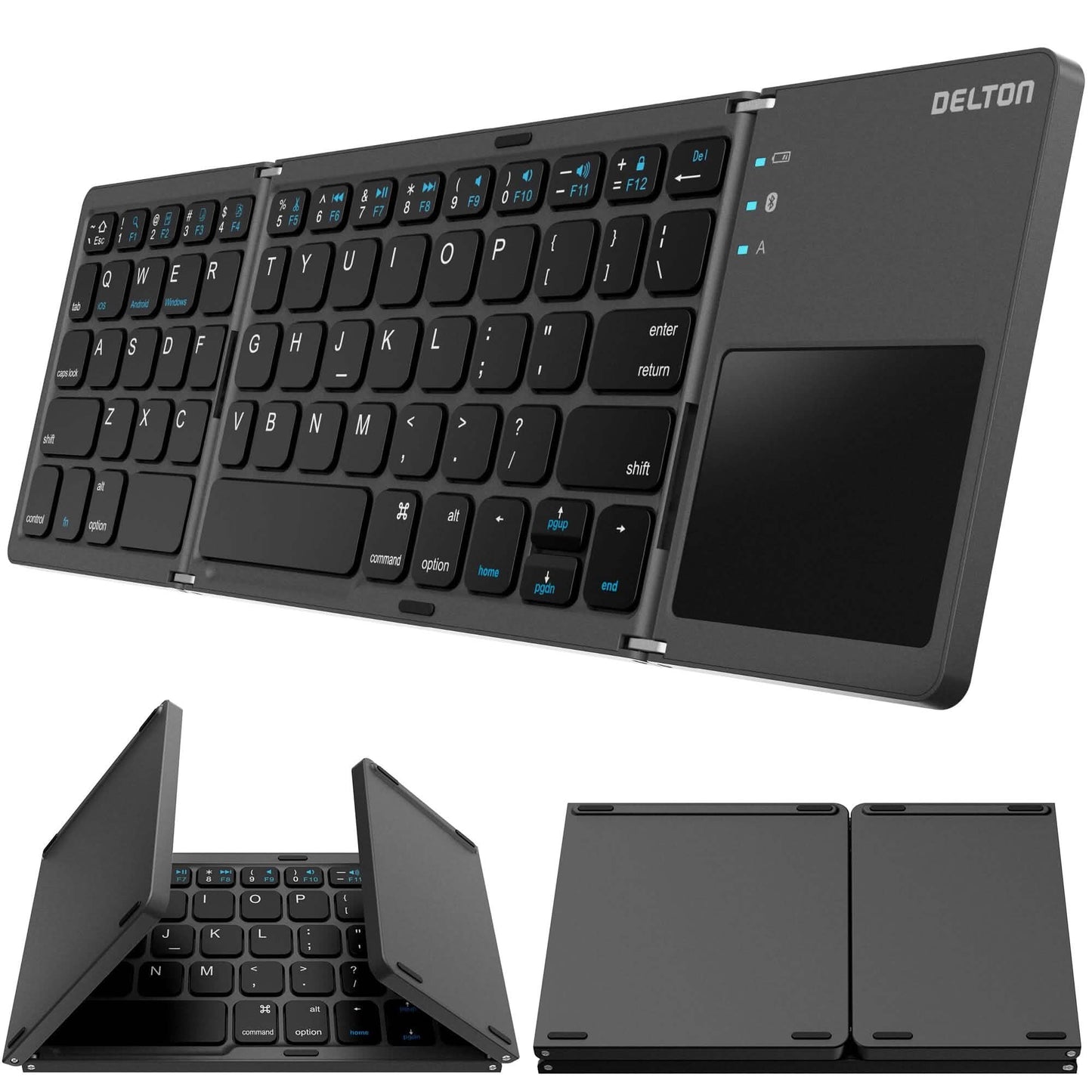 Delton F75 Bluetooth-Tastatur mit sensiblem Touchpad, tragbares und faltbares Design, wiederaufladbare kabellose Tastatur, kompatibel mit PC/Laptop, iMac, Tablets, Smartphones und mehr – Schwarz