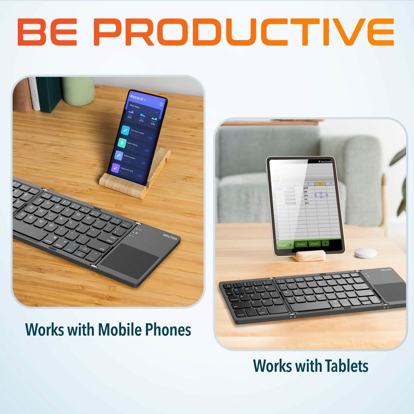 Delton F75 Bluetooth-Tastatur mit sensiblem Touchpad, tragbares und faltbares Design, wiederaufladbare kabellose Tastatur, kompatibel mit PC/Laptop, iMac, Tablets, Smartphones und mehr – Schwarz