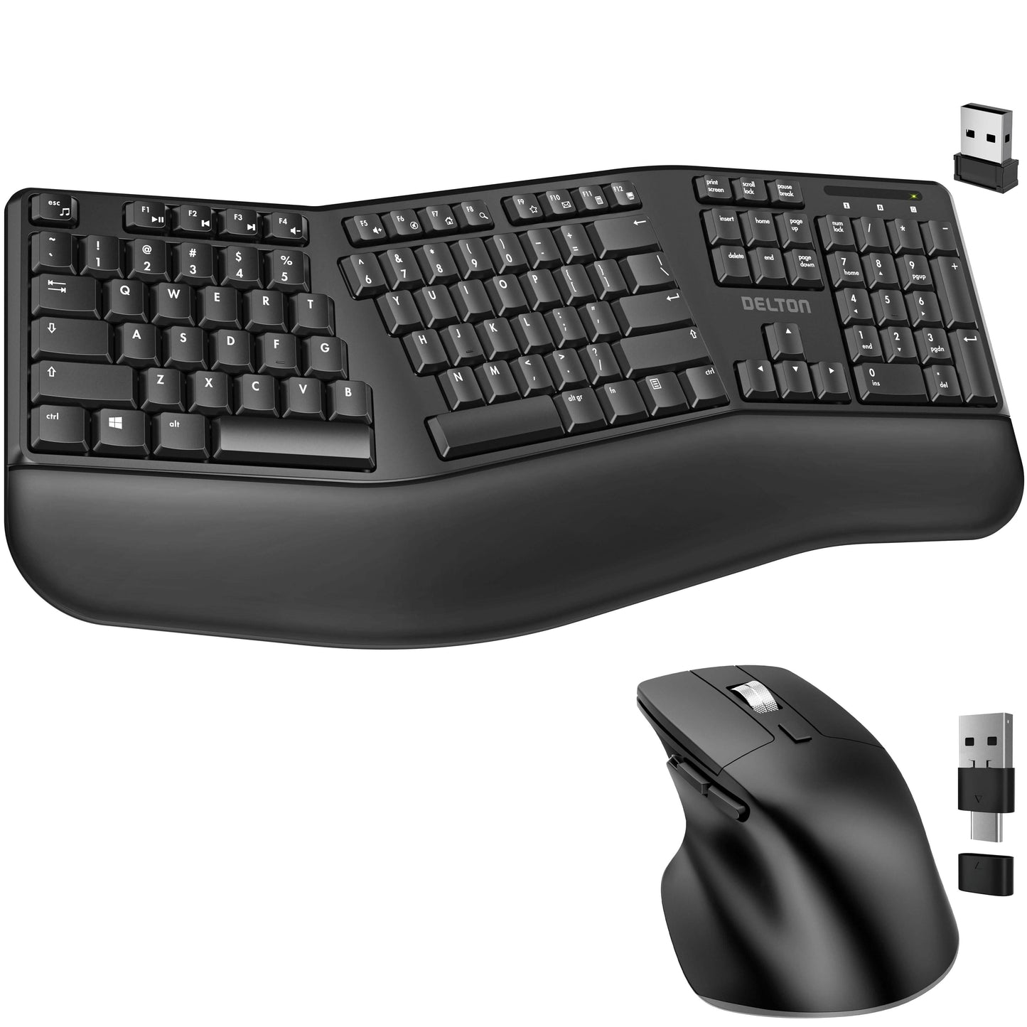 Delton G18 Ergonomische kabellose Tastatur und Maus, geteilte Tastatur mit Handballenauflage & ergonomische kabellose Maus, 2.4G Auto-Pairing-USB-Dongle für Computer, Laptop, Mac, Chromebook & Tablets - Schwarz
