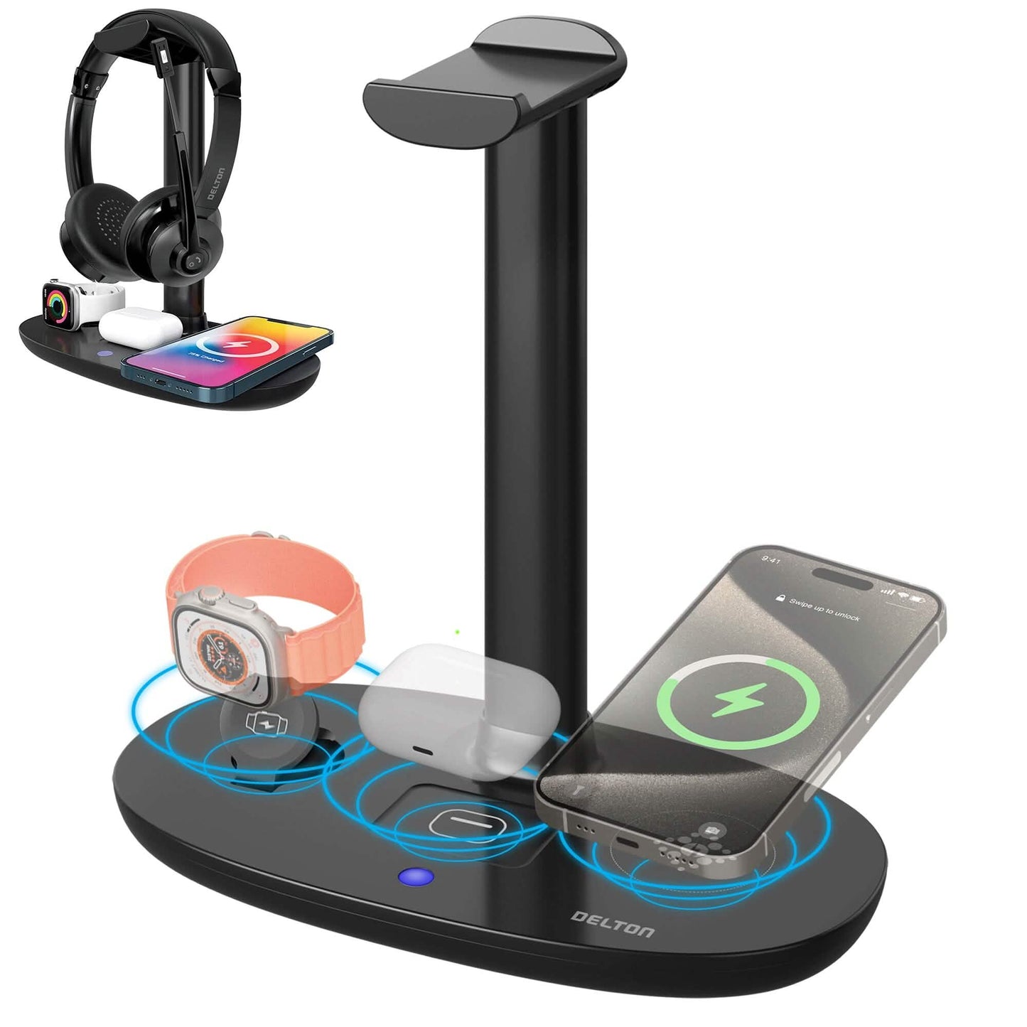 Delton HS1 3-in-1 Kabellose Ladestation mit Kopfhörerhalterung, Schnelle Schreibtisch-Ladestation, 15W Kabelloses Ladegerät für iPhones, iWatches, AirPods & Qi-fähige Geräte - Schwarz