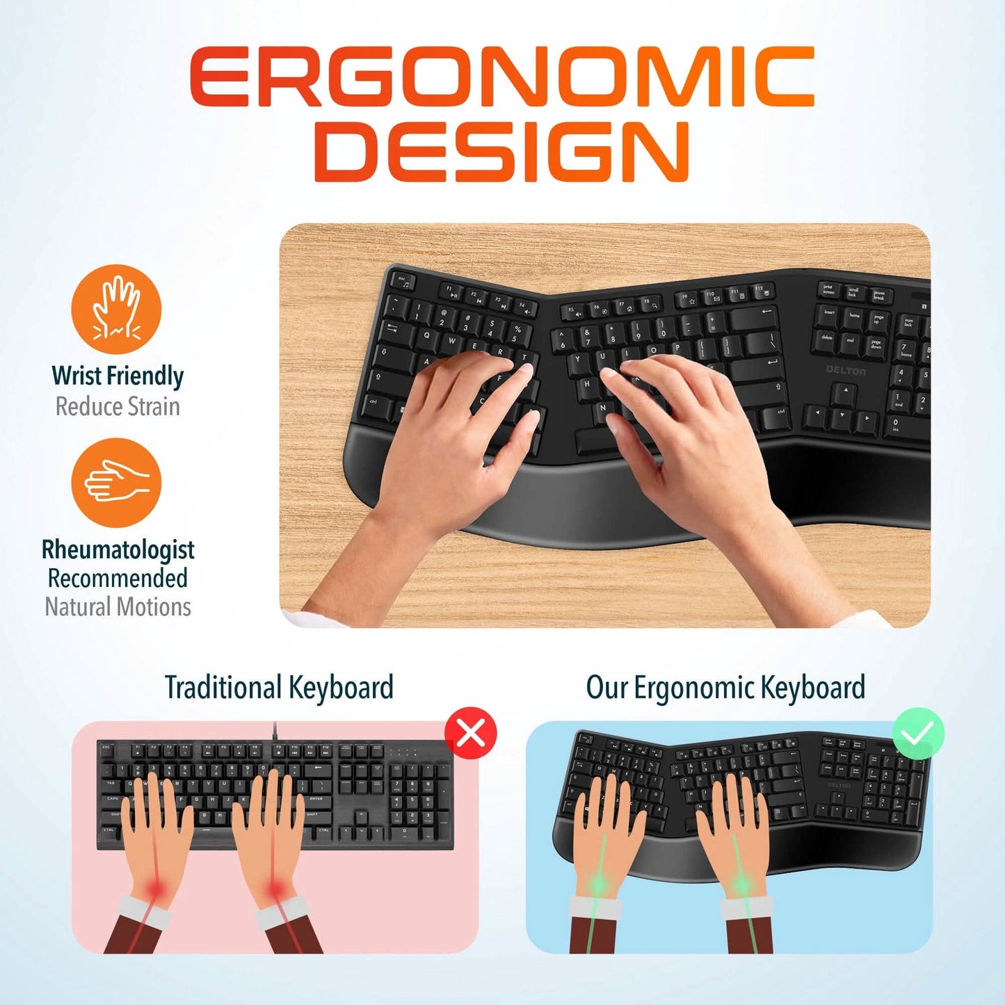 Delton KB200 Kabellose ergonomische Computertastatur, Full-Size-Tastatur