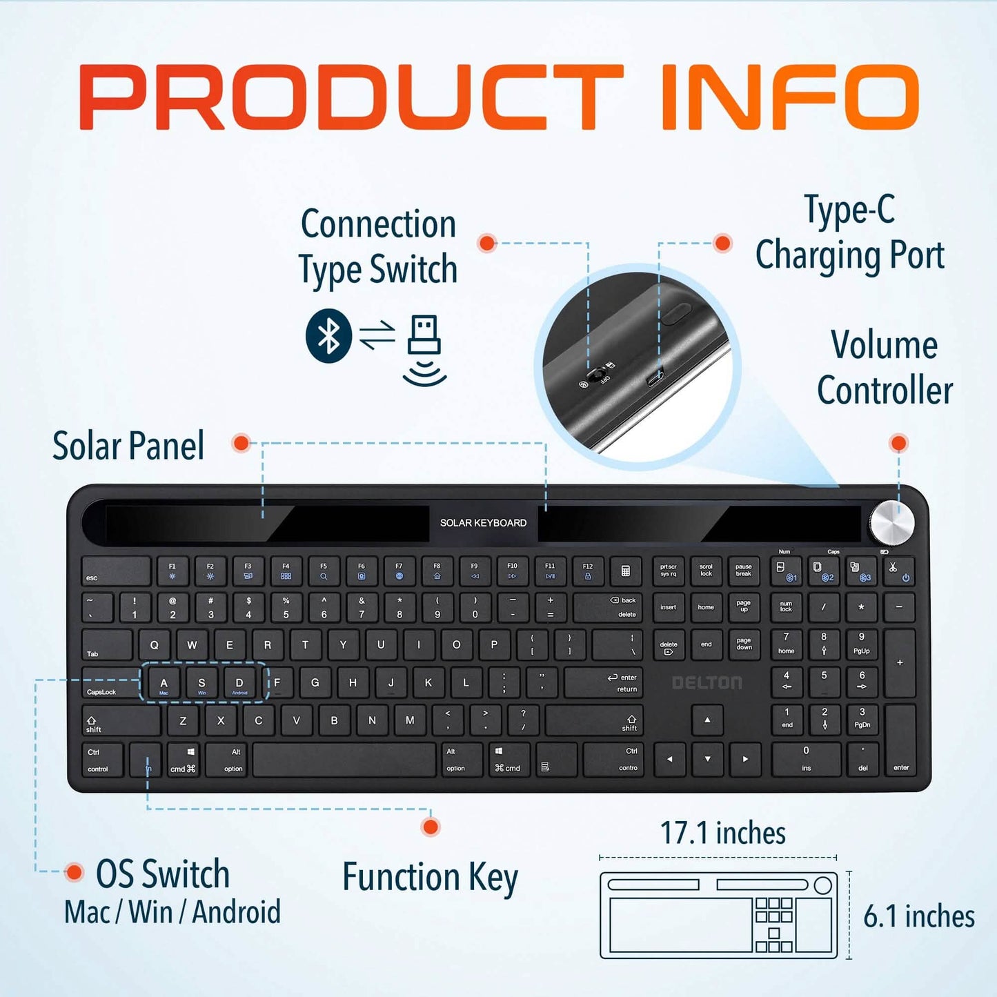 Delton KB90 kabellose Solar-Tastatur, wiederaufladbare kabellose Tastatur mit leisen Tasten, Solar-Ladegerät-Tastatur, Bluetooth-Tastatur für Computer/Desktop/PC/Laptop/Windows.