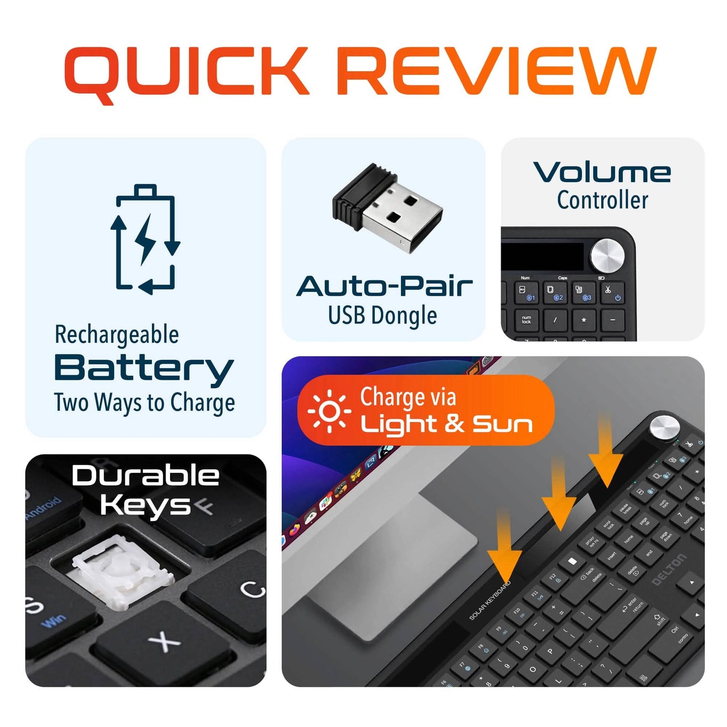 Delton KB90 kabellose Solar-Tastatur, wiederaufladbare kabellose Tastatur mit leisen Tasten, Solar-Ladegerät-Tastatur, Bluetooth-Tastatur für Computer/Desktop/PC/Laptop/Windows.