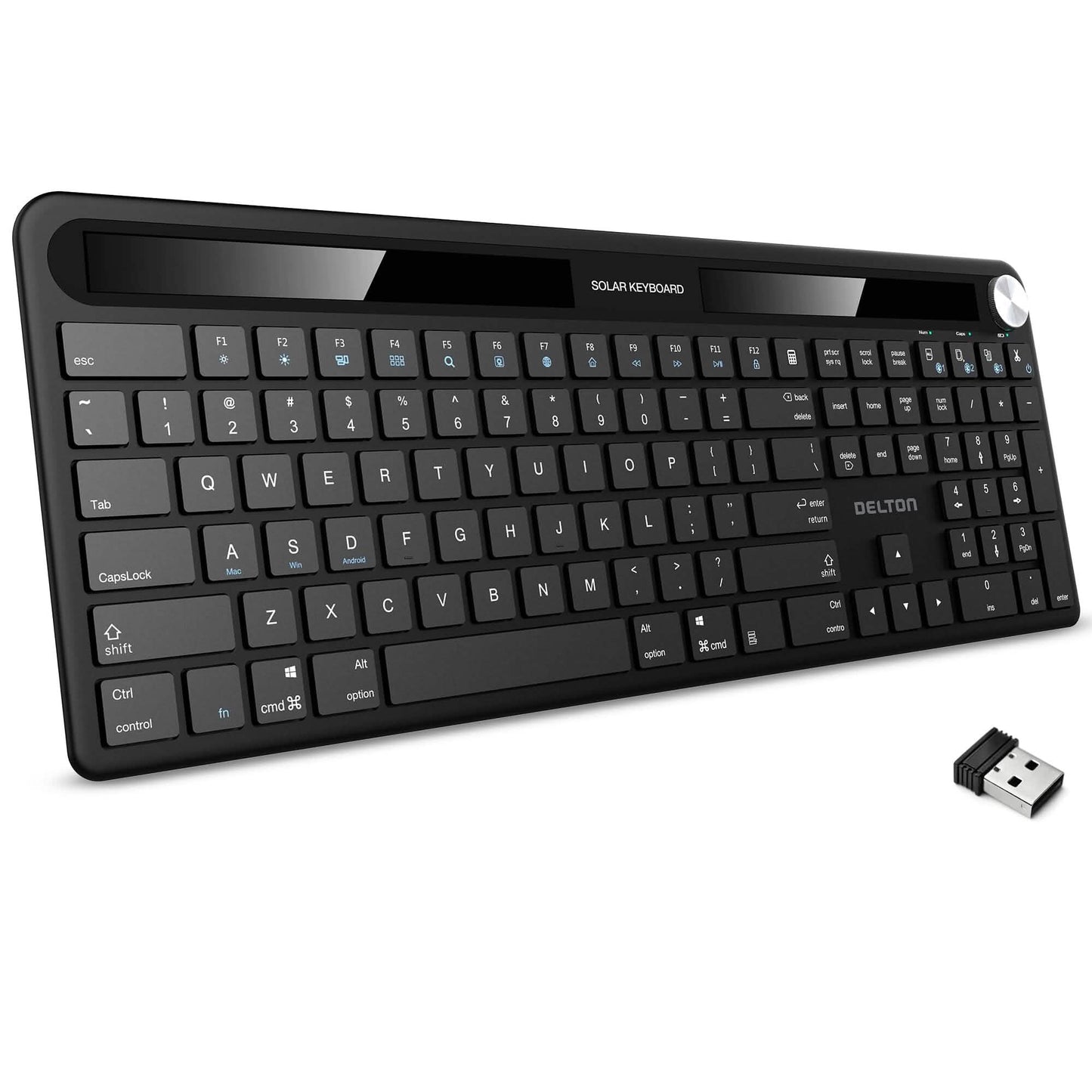 Delton KB90 kabellose Solar-Tastatur, wiederaufladbare kabellose Tastatur mit leisen Tasten, Solar-Ladegerät-Tastatur, Bluetooth-Tastatur für Computer/Desktop/PC/Laptop/Windows.