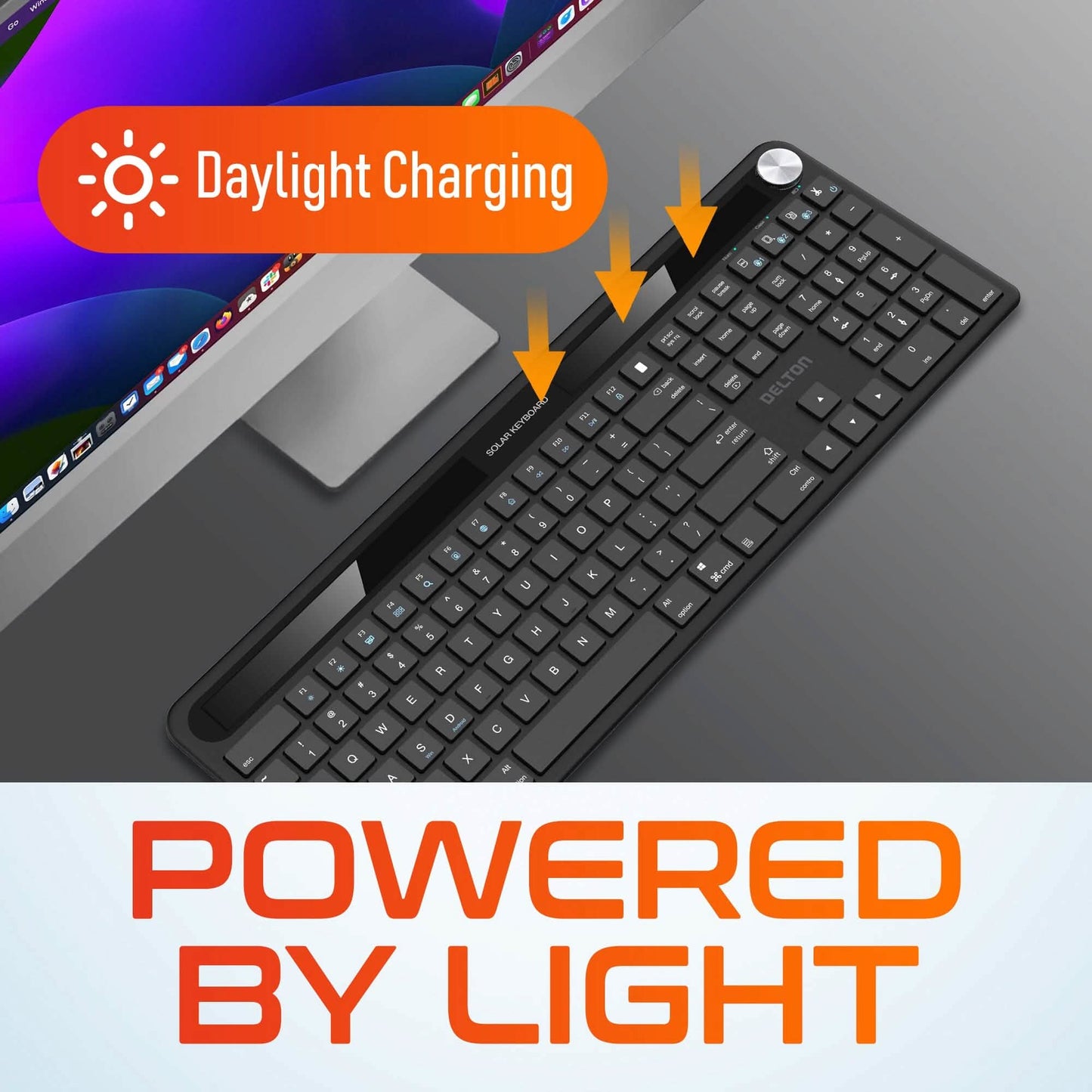 Delton KB90 kabellose Solar-Tastatur, wiederaufladbare kabellose Tastatur mit leisen Tasten, Solar-Ladegerät-Tastatur, Bluetooth-Tastatur für Computer/Desktop/PC/Laptop/Windows.