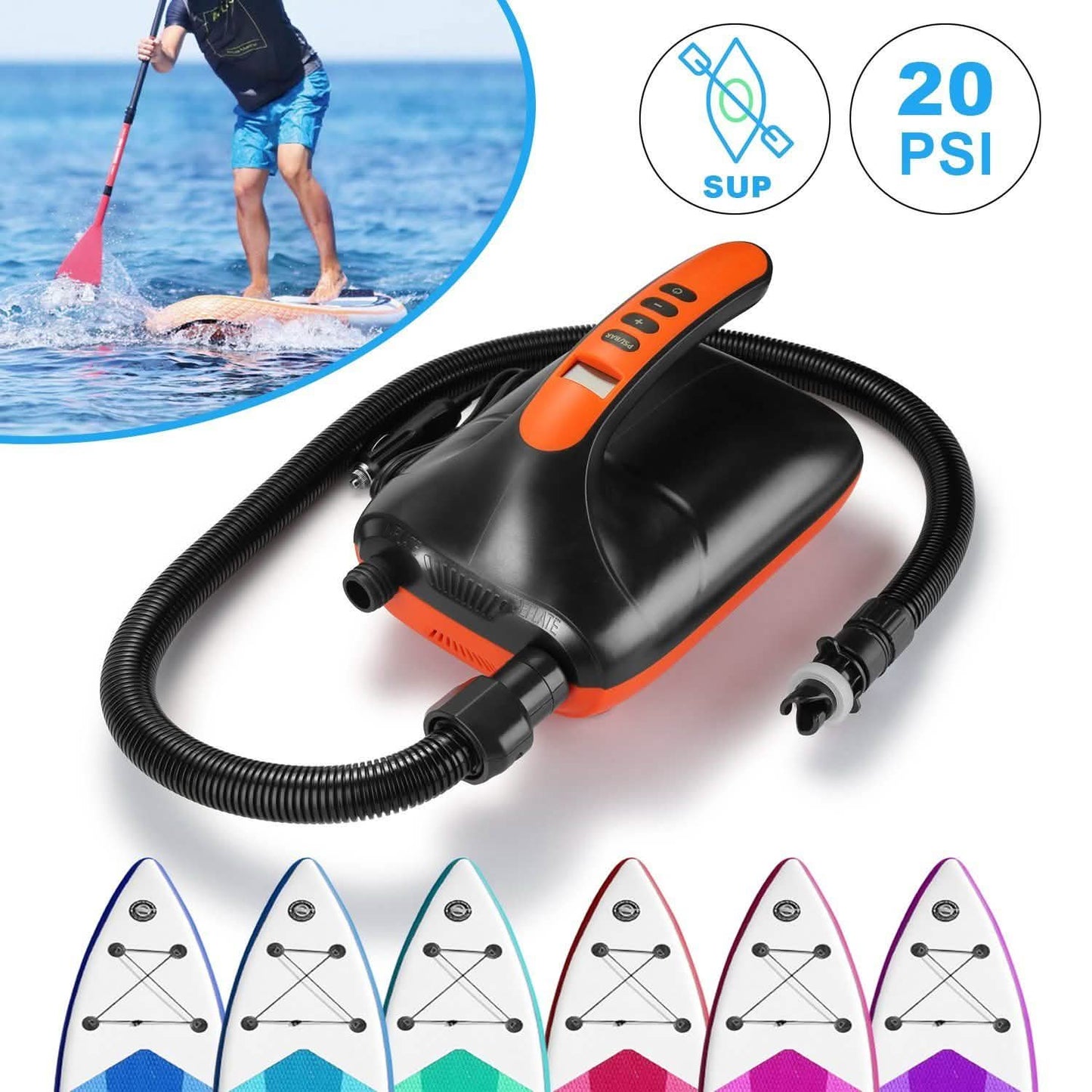 Digitale elektrische Luftpumpe, intelligenter zweistufiger Betrieb & Auto-Stopp-Funktion für Paddle Boards, Schlauchboote, Kajaks