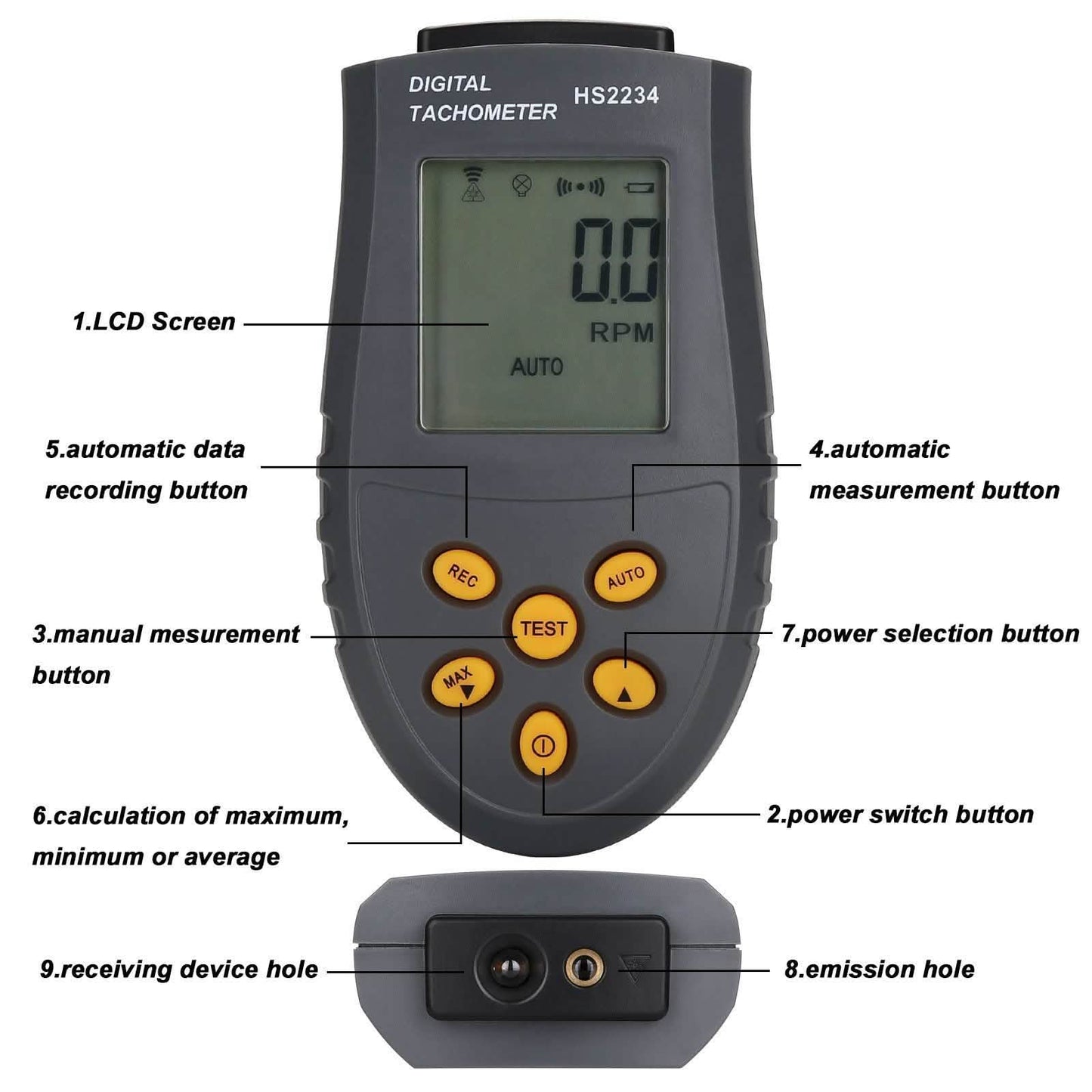 Digitales Tachometer 2.5~99.999 U/min Genauigkeit Berührungsloses Laser-Foto-Tachometer