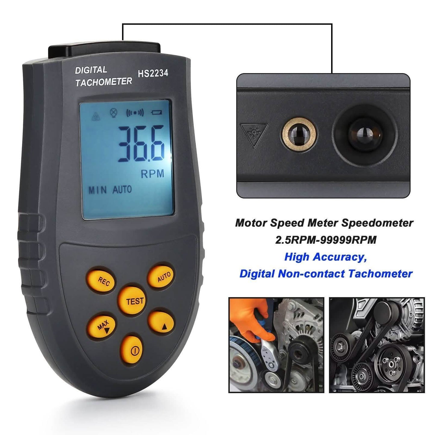 Digitales Tachometer 2.5~99.999 U/min Genauigkeit Berührungsloses Laser-Foto-Tachometer