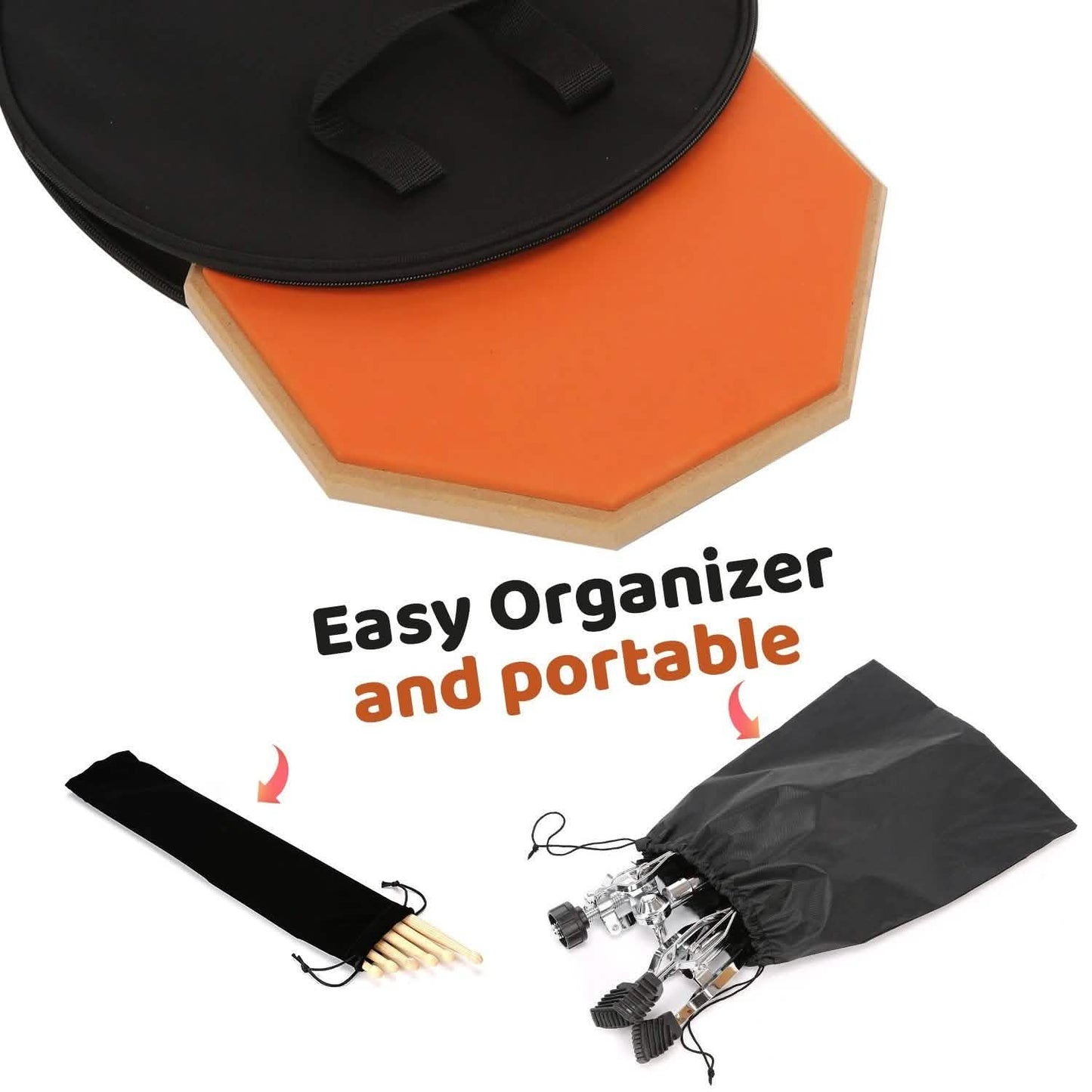 Drum-Übungspads mit 3 Paar Drumsticks und verstellbarem Snare-Drum-Ständer