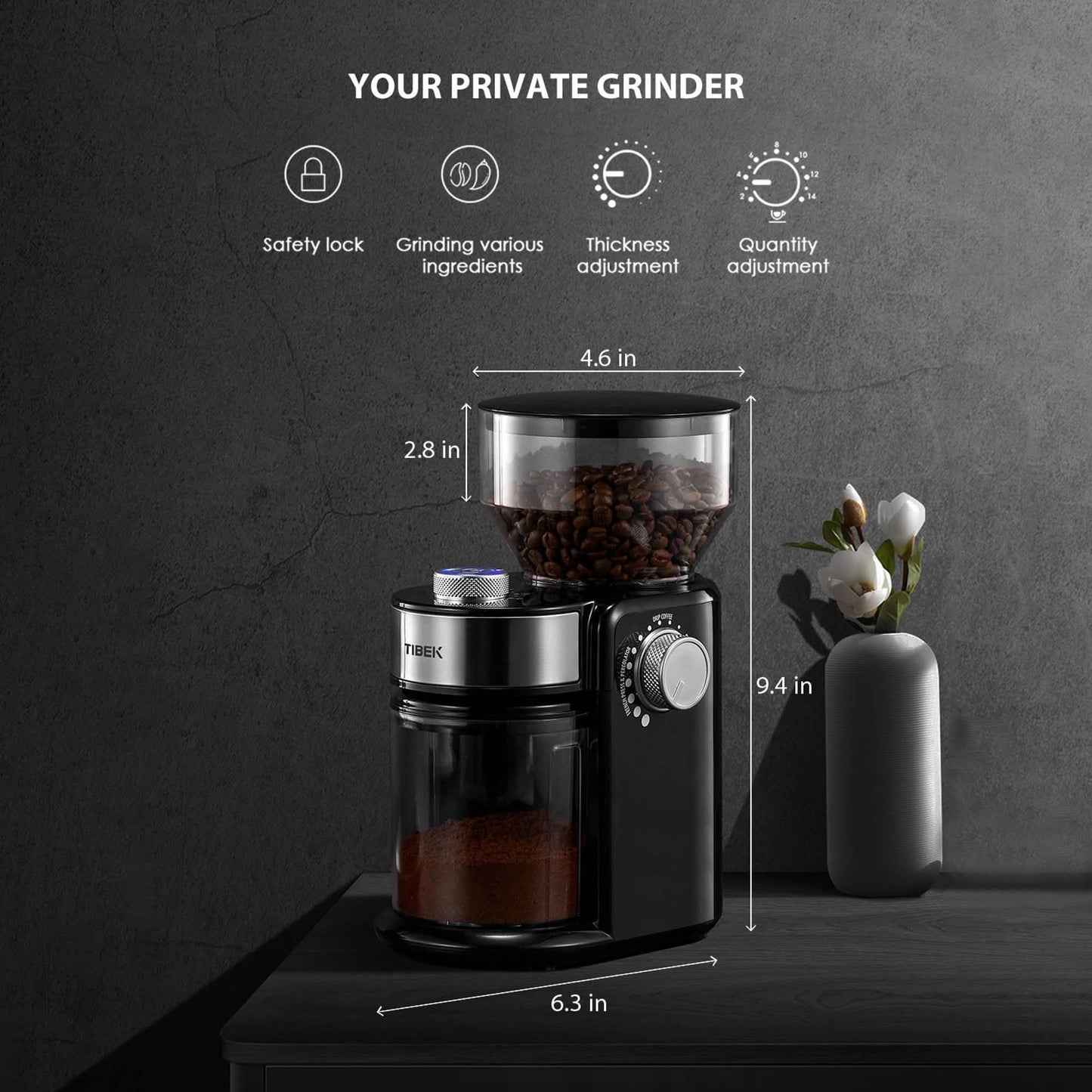 Elektrische Kaffeemühle mit Mahlwerk und 18 Mahlgradeinstellungen