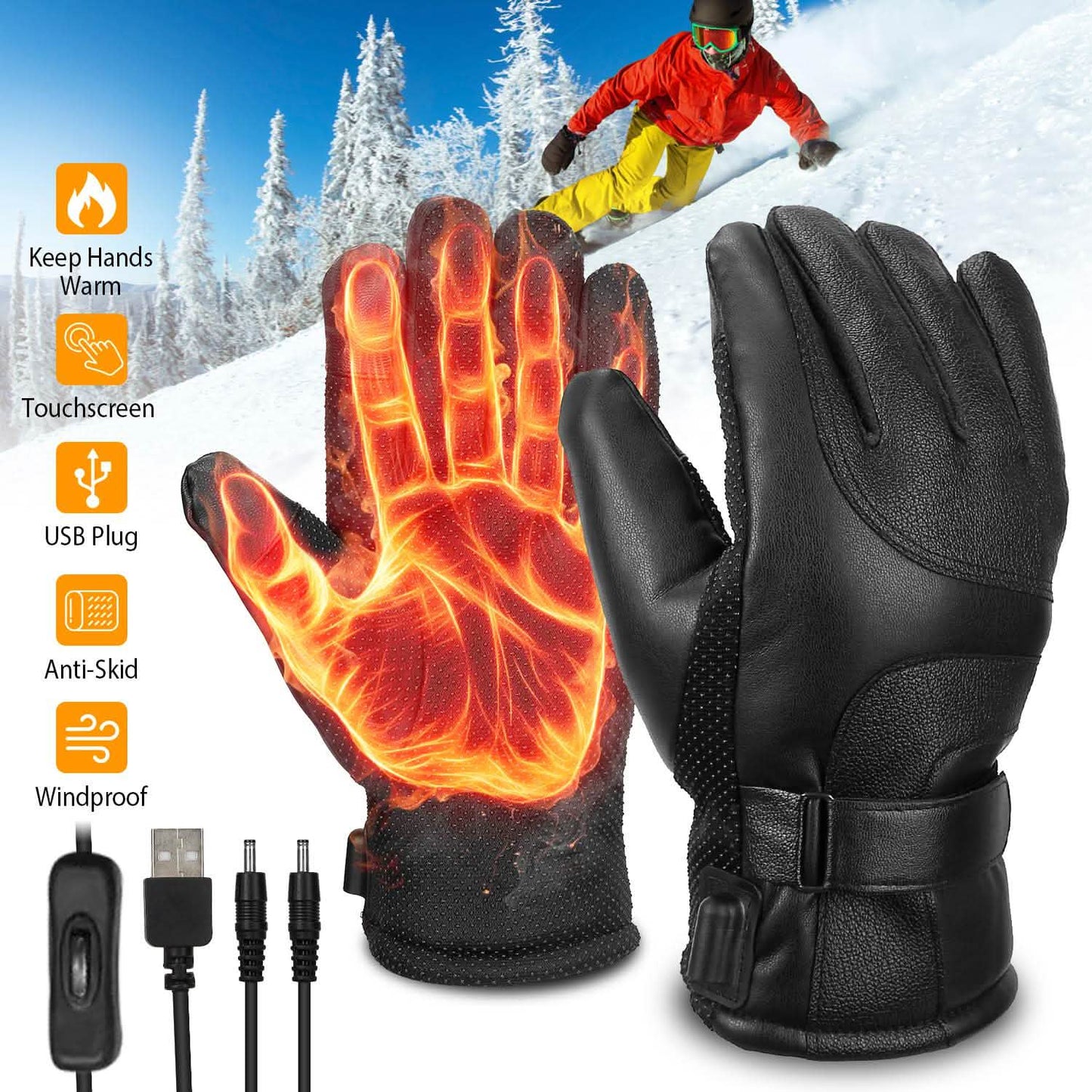 Elektrisch beheizte Touchscreen-Thermohandschuhe aus Leder mit USB-Stecker