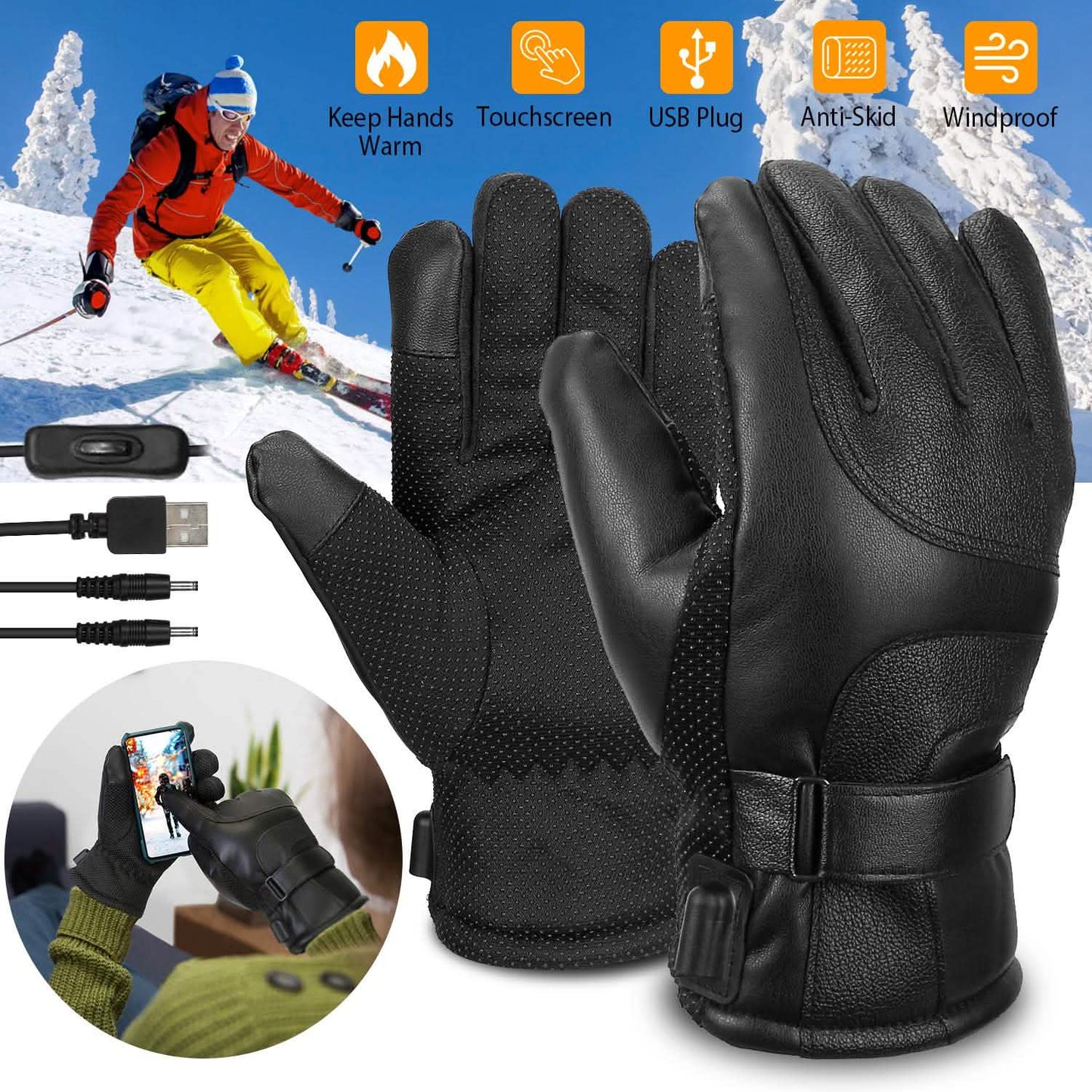Elektrisch beheizte Touchscreen-Thermohandschuhe aus Leder mit USB-Stecker