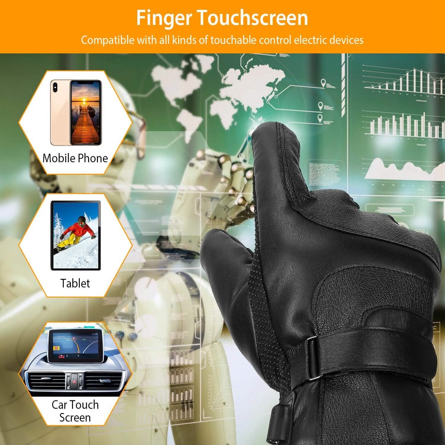 Elektrisch beheizte Touchscreen-Thermohandschuhe aus Leder mit USB-Stecker