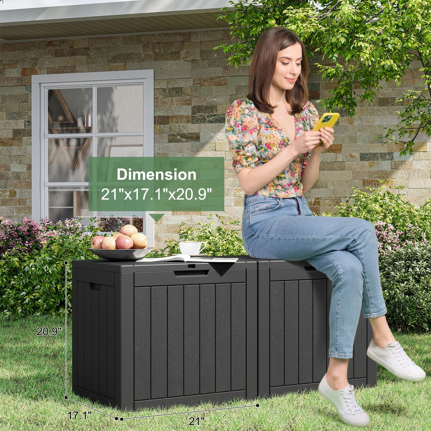 35 Gallonen Outdoor-Aufbewahrungsbox aus Kunstharz – Schwarz/Holzmaserung