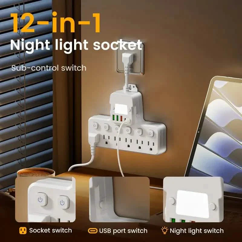 12-in-1 Verstellbare Schreibtischlampe mit Steckdosenleiste – 6 AC-Anschlüsse, 3 USB-A- und 2 Typ-C-Anschlüsse, Überspannungsschutz