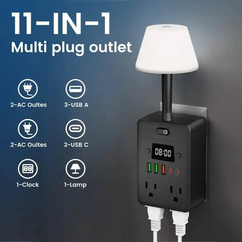 11-in-1 Multifunktions-Steckdosenleiste mit Schreibtischlampe, Uhr, USB-Anschlüssen und Überspannungsschutz