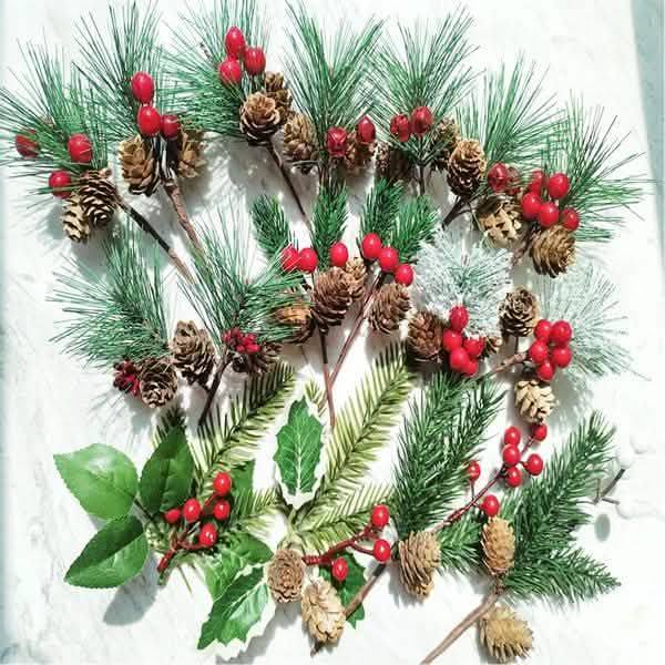 Künstlicher Schnee Frost Kiefernzweig Zapfen Beere Stechpalme Weihnachtsbaum Christbaumschmuck