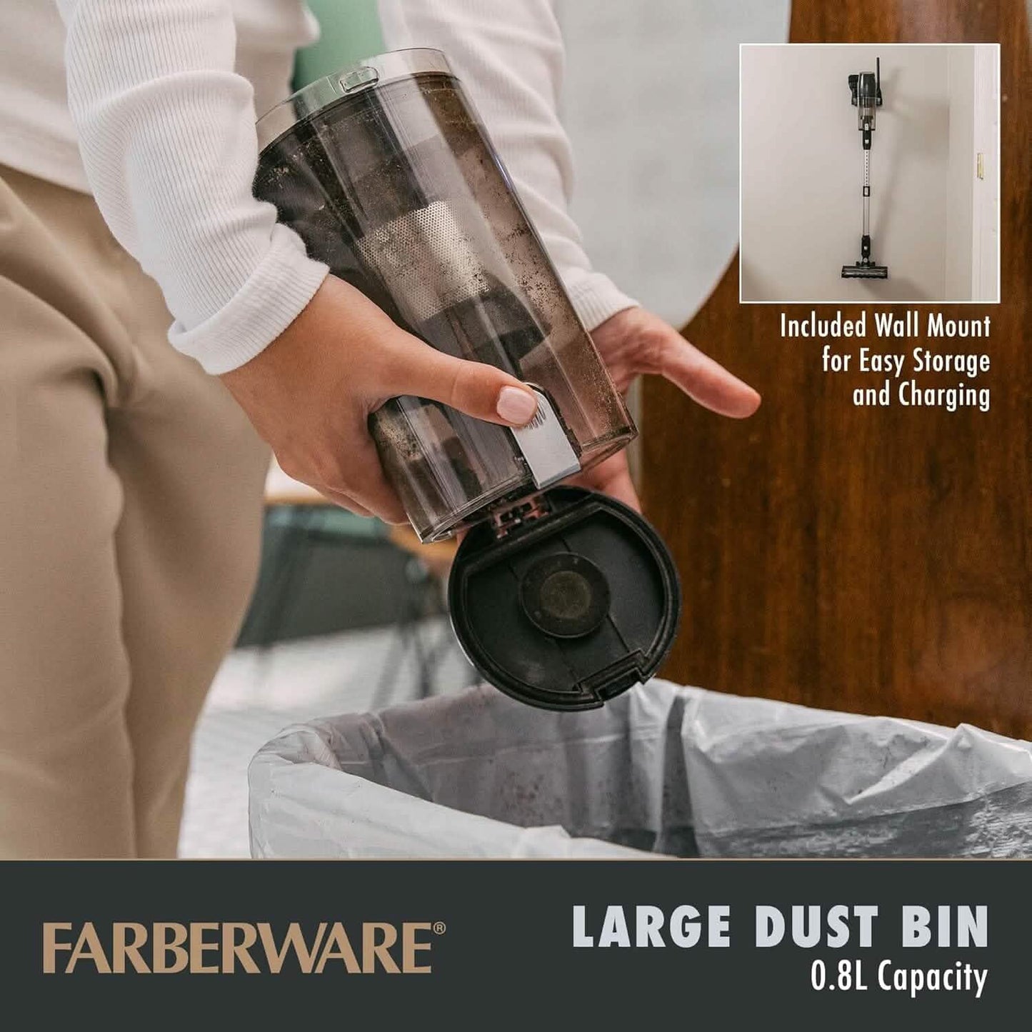 Farberware Cordless Pro Stielstaubsauger, Leistungsstarke Saugkraft mit 2 Geschwindigkeitsstufen für Teppich- und Hartböden, Umwandelbar zum Handstaubsauger